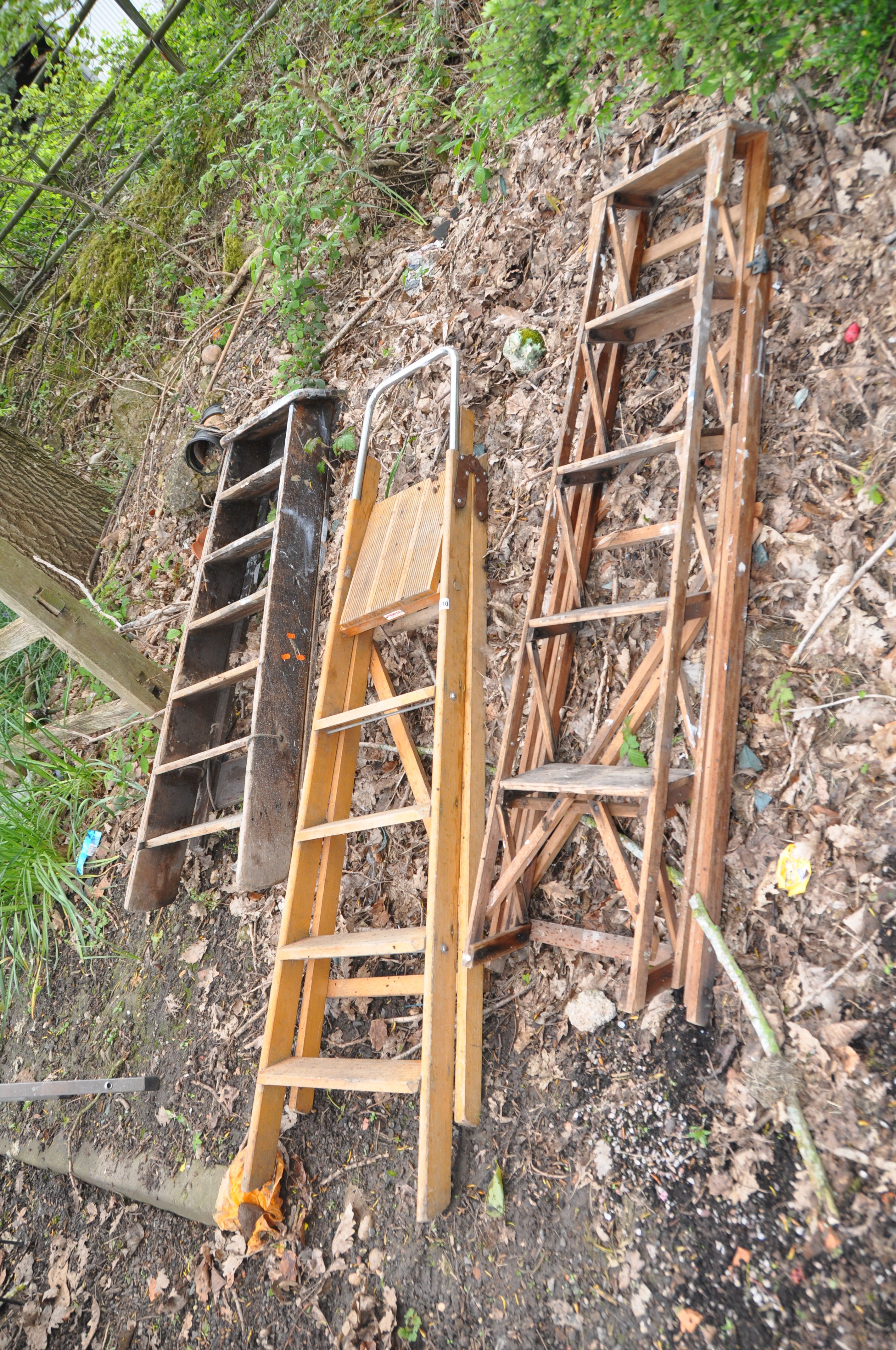 THREE VINTAGE WOODEN STEP LADDERS including one with lattice sides 145cm high (3) - Image 2 of 2