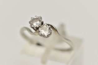 A DIAMOND TWO STONE RING, an old cut diamond, measuring approximately 4.8mm x 4.9mm x 2.3mm, claw