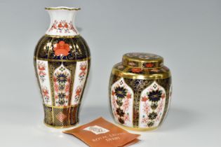 A ROYAL CROWN DERBY 'OLD IMARI' 1128 PATTERN SOLID BAND COVERED GINGER JAR AND VASE, comprising vase