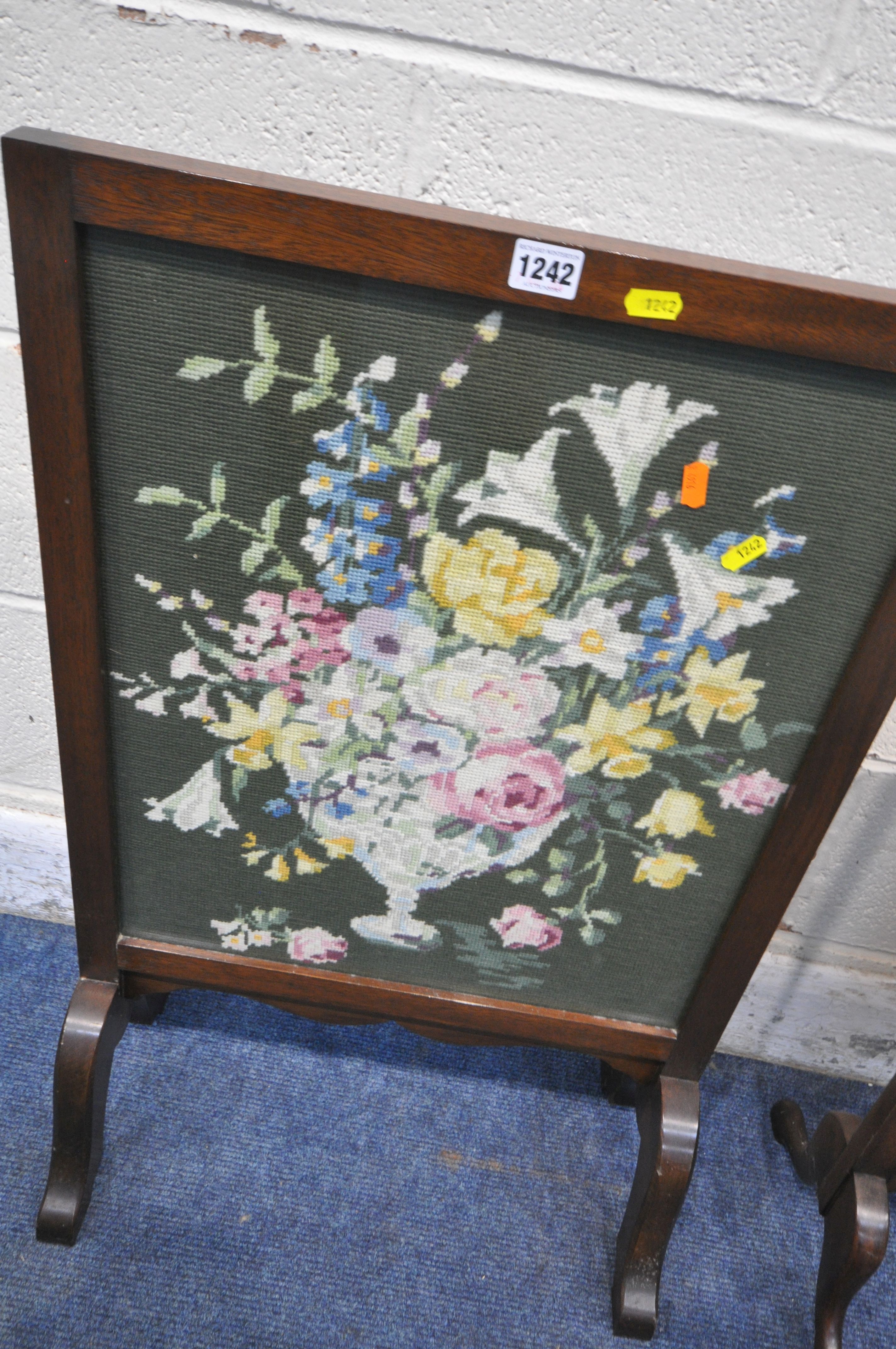 THREE VARIOUS 20TH CENTURY OAK FIRE SCREENS, all with floral needlework inserts, largest width - Image 3 of 4