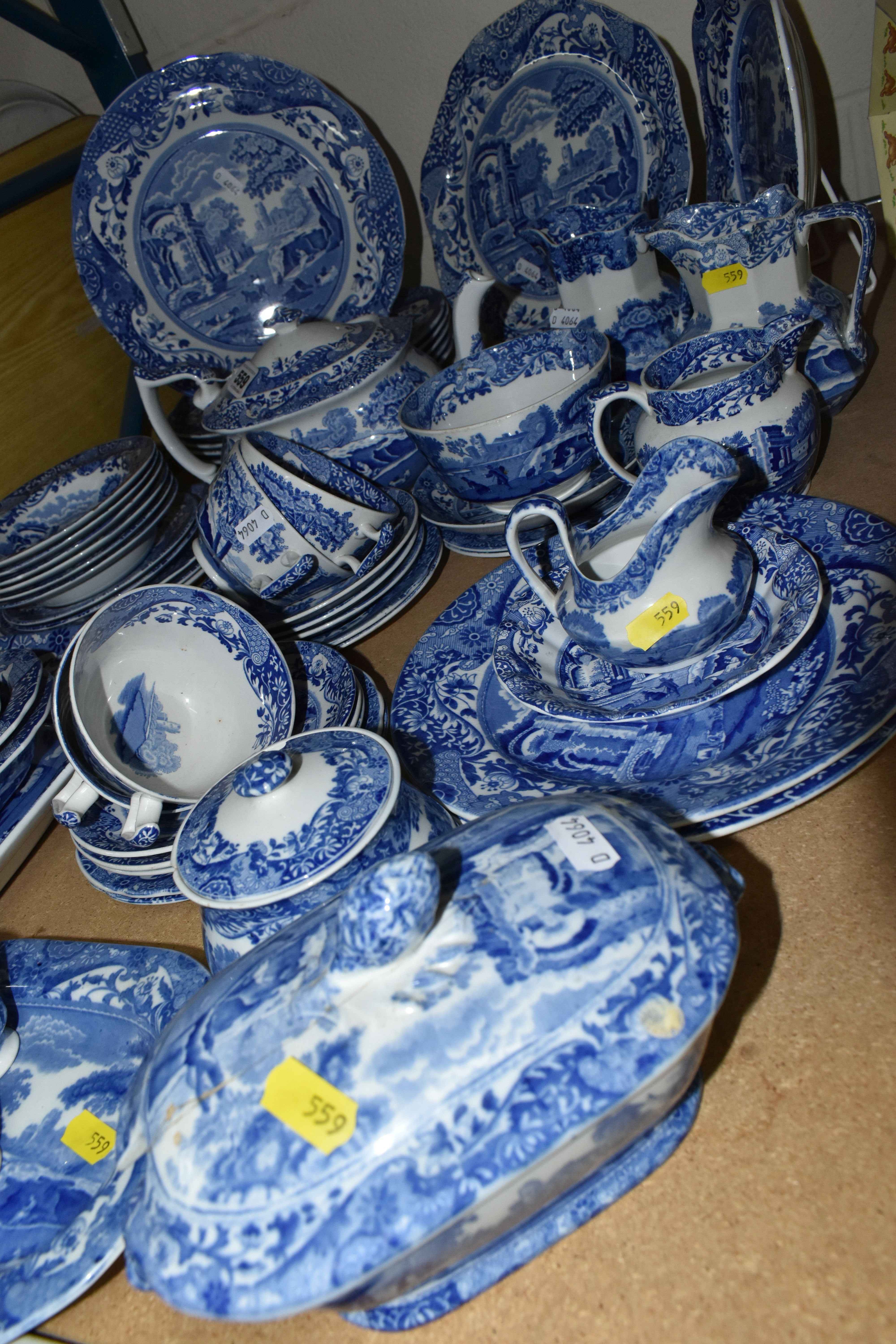 A GROUP OF SPODE'S ITALIAN DESIGN BLUE AND WHITE DINNERWARE, comprising a teapot, covered butter - Image 5 of 7