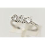 A THREE STONE DIAMOND RING, three round brilliant cut diamonds, approximate total diamond weight 0.