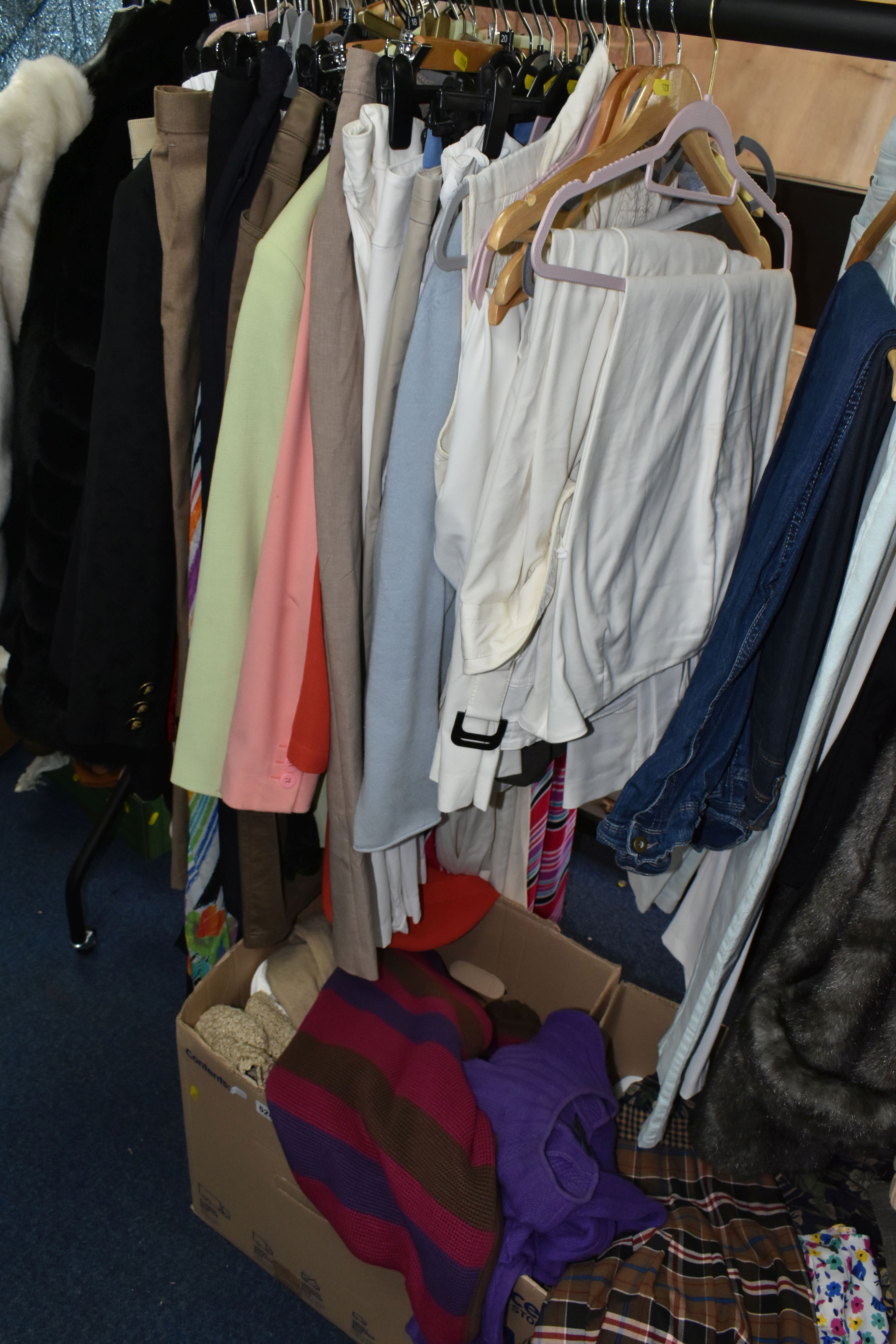 TWO BOXES AND LOOSE LADIES CLOTHING, a large quantity of ladies clothing comprising jackets, - Image 10 of 19