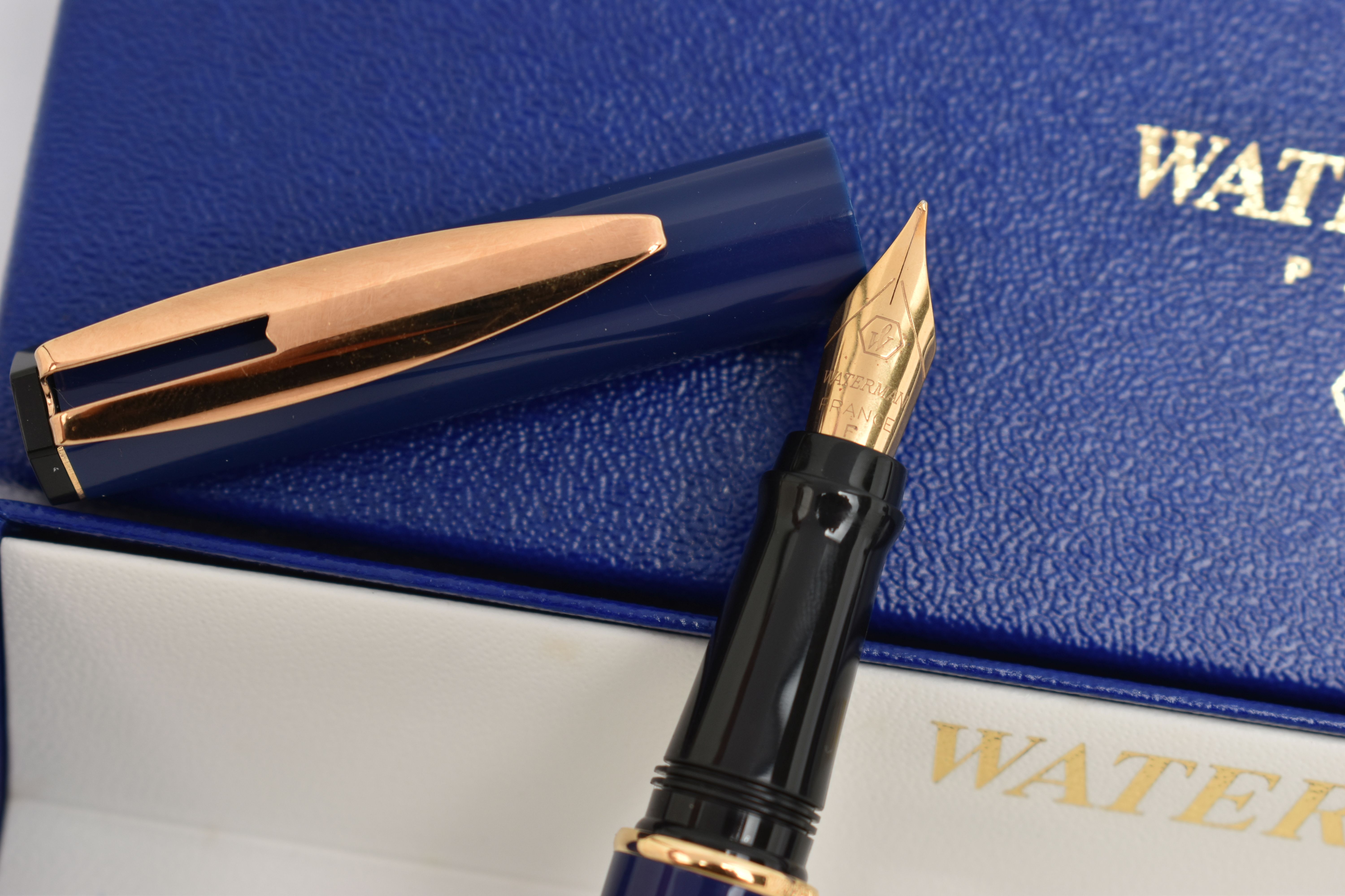 TWO BOXED 'WATERMAN' FOUNTAIN PENS, blue lacquer pens, signed to each collar 'Waterman', both fitted - Image 3 of 5