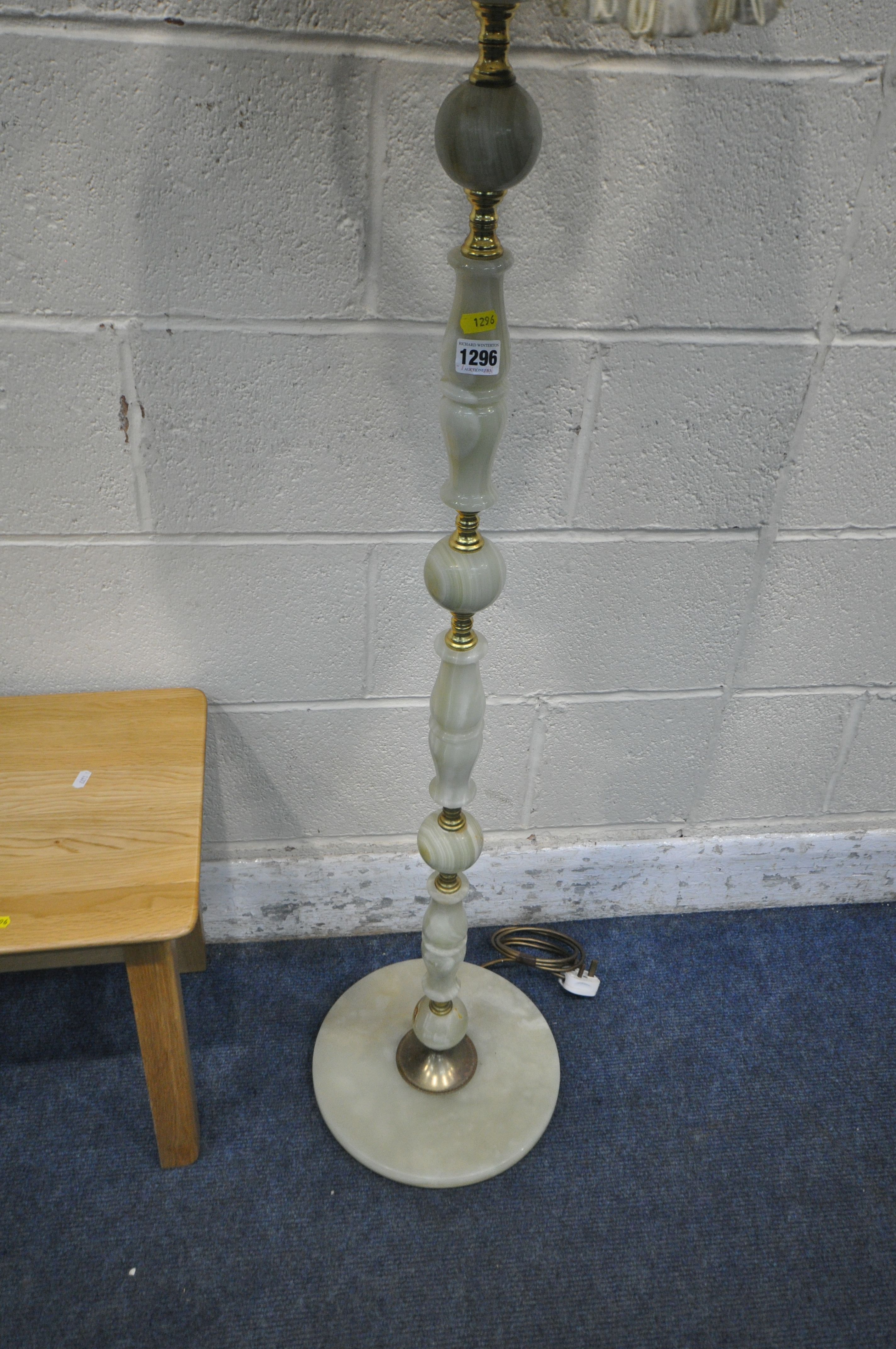 A BRASS AND ONYX STANDARD LAMP, height to fitting 140cm, a light oak lamp table, along with a - Image 2 of 3