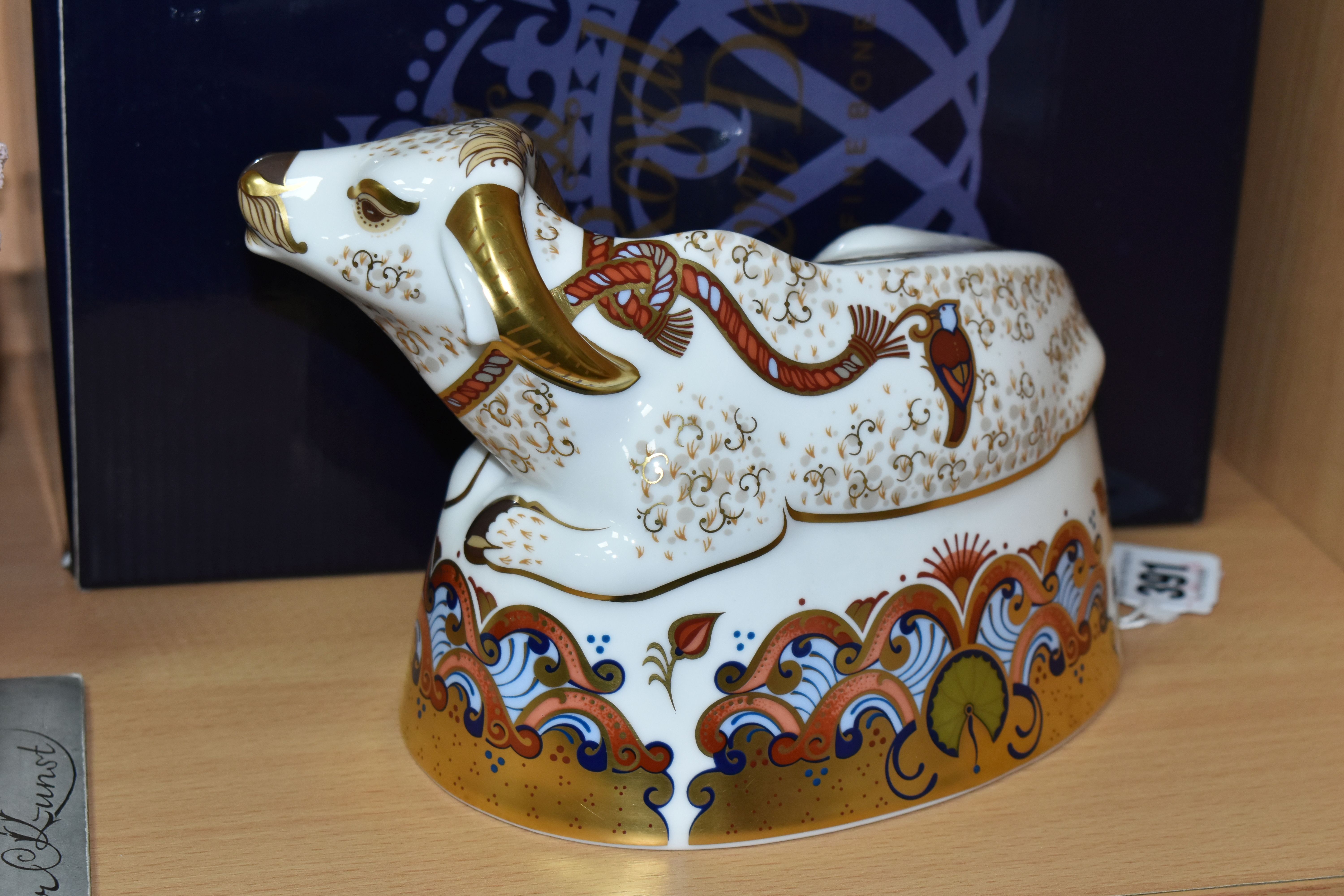 A BOXED ROYAL CROWN DERBY 'WATER BUFFALO' PAPERWEIGHT, with gold stopper, red printed backstamp - Image 3 of 4