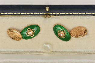 A PAIR OF 18CT GOLD ENAMEL AND DIAMOND CUFFLINKS, each designed as an oval green enamel panel with