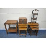 A SELECTION OF 20TH CENTURY OAK OCCASIONAL FURNITURE, to include a kidney nest of three tables,