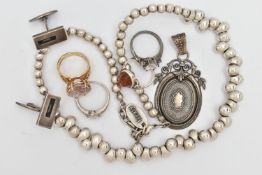 A BAG OF ASSORTED JEWELLERY, to include a pair of Danish white metal cufflinks, of rectangular form,