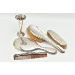 FIVE SILVER ITEMS, to include a silver vanity hair brush with matching clothes brush, each