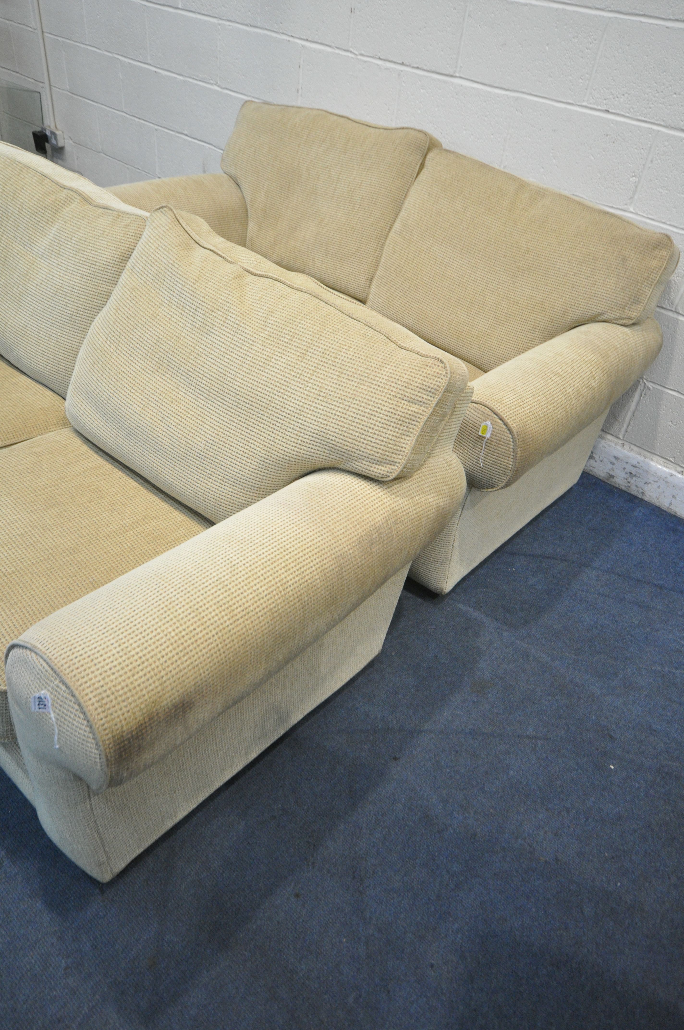 A PAIR OF BEIGE UPHOLSTERED TWO SEATER SOFAS, length 180cm x depth 94cm x height 84cm (condition - Image 3 of 3