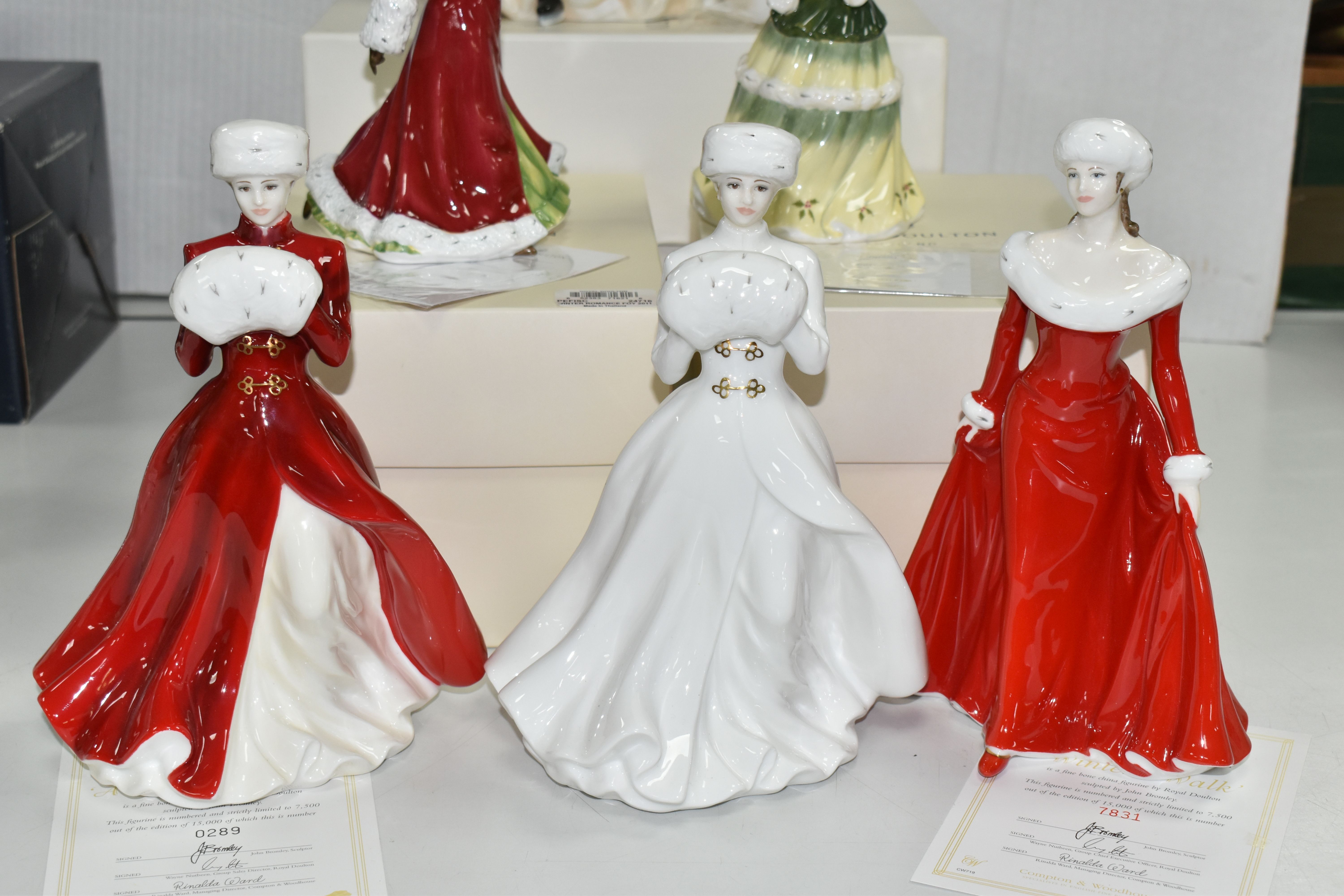 SIX ROYAL DOULTON CHRISTMAS THEMED FIGURINES, comprising Winters Walk HN4689 with certificate, A - Image 2 of 7