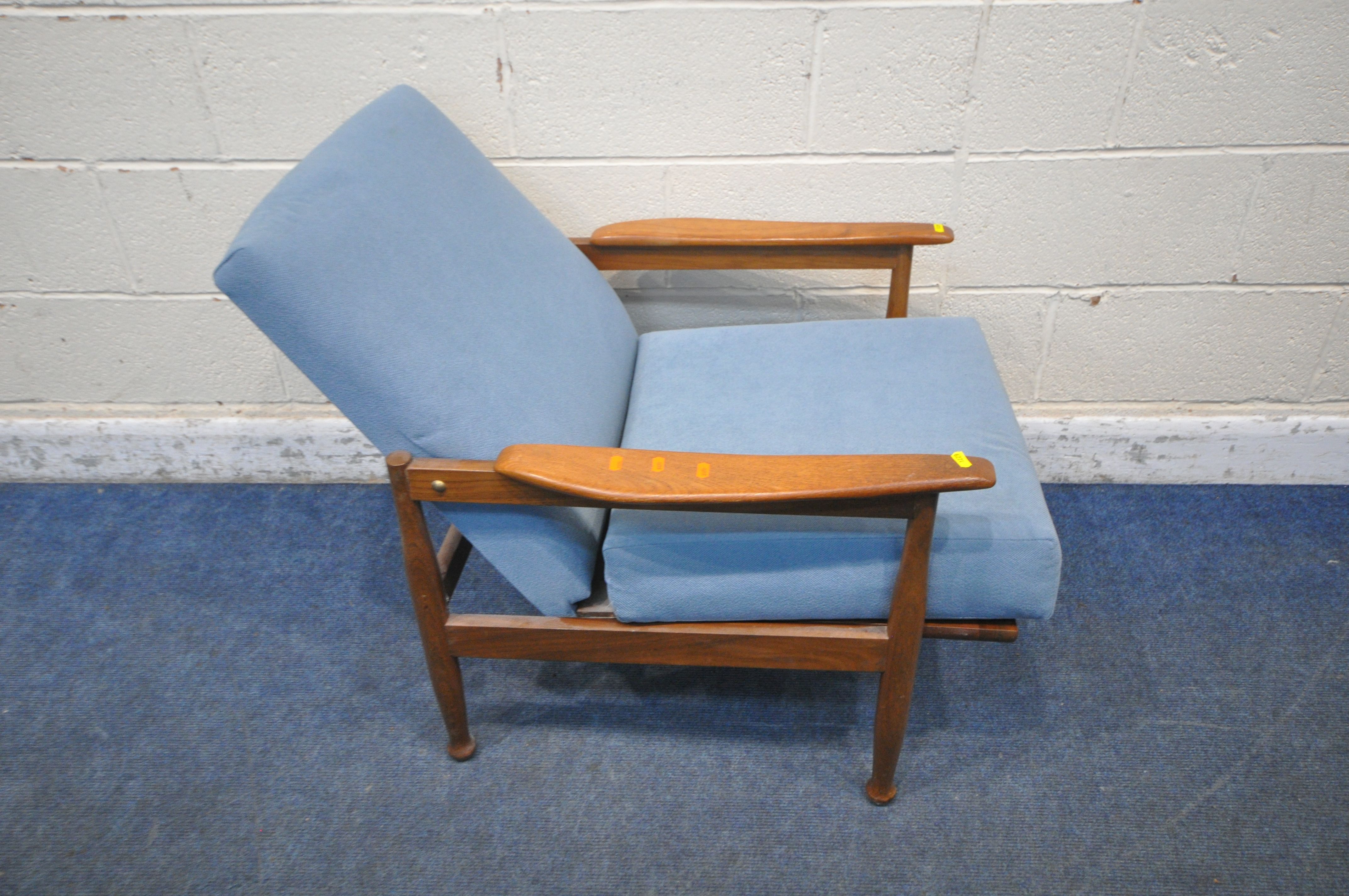 GUY ROGERS, A MID CENTURY TEAK 'MANHATTAN' THREE PIECE SUITE, covered with blue fabric, comprising a - Image 11 of 14