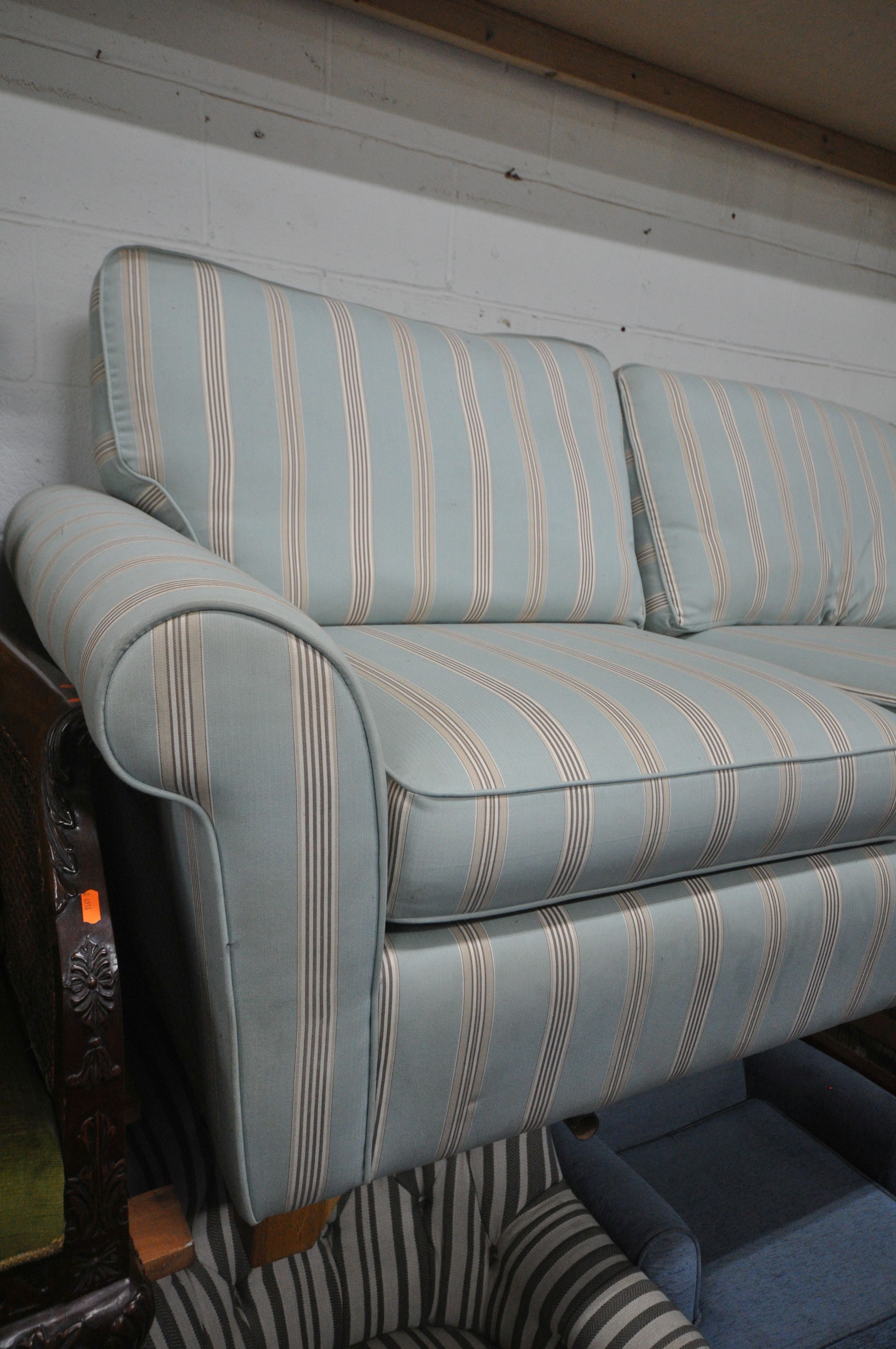 A BLUE AND STRIPPED UPHOLSTERED TWO SEATER SOFA, length 202cm x depth 90cm x height 95cm ( - Image 2 of 3