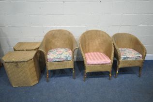 A SELECTION OF GOLD PAINTED LLOYD LOOM FURNITURE, to include three chairs and two linen baskets (