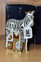 A BOXED ROYAL CROWN DERBY 'ZEBRA BABY' PAPERWEIGHT, with gold stopper, red printed backstamp and