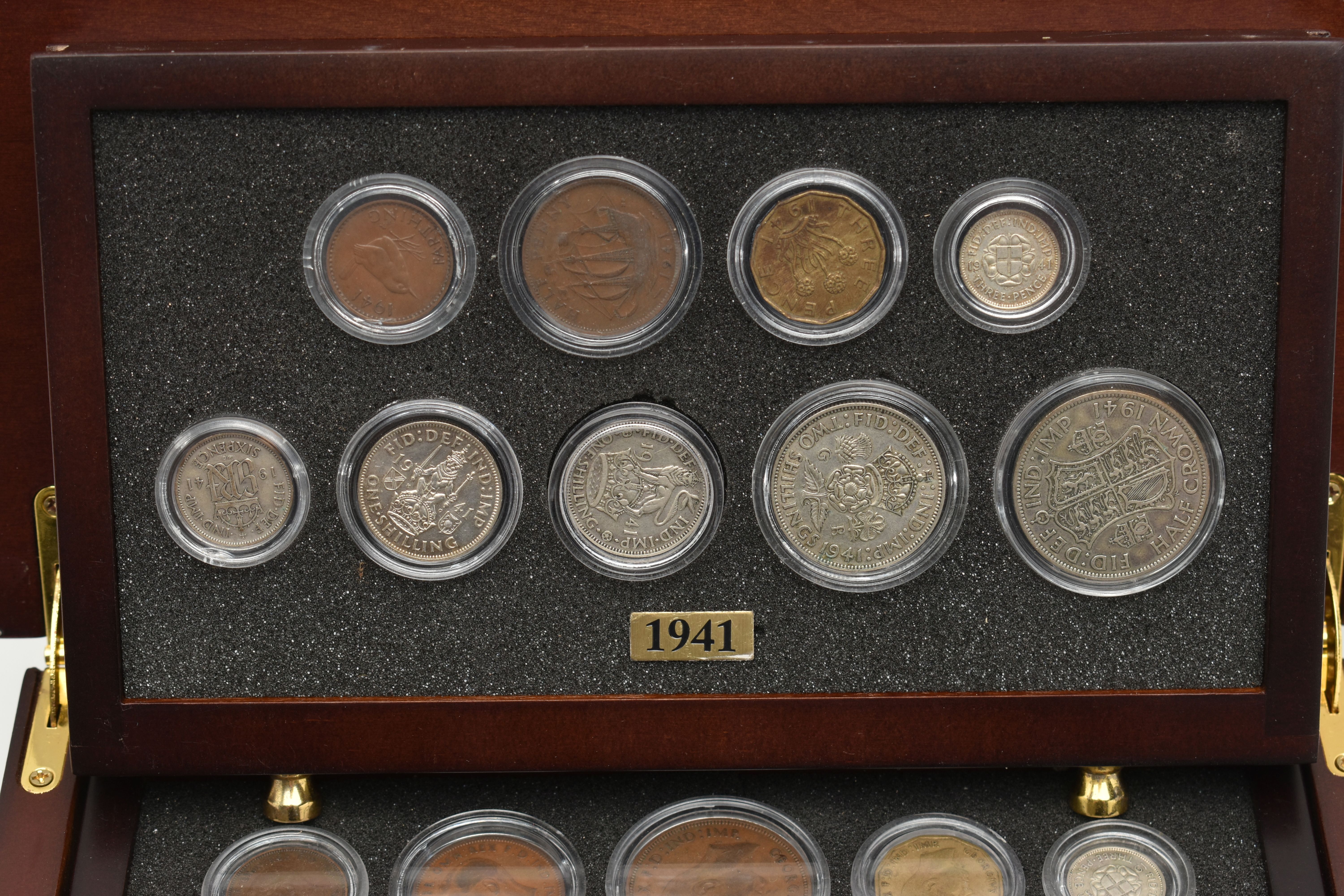 A SMALL WOODEN COIN CABINET, consisting of eight drawers seven containing UK coinage from 1939-1945, - Image 4 of 10