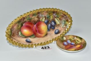 TWO ROYAL WORCESTER TRINKET DISHES, comprising an oval trinket dish decorated with fallen fruit