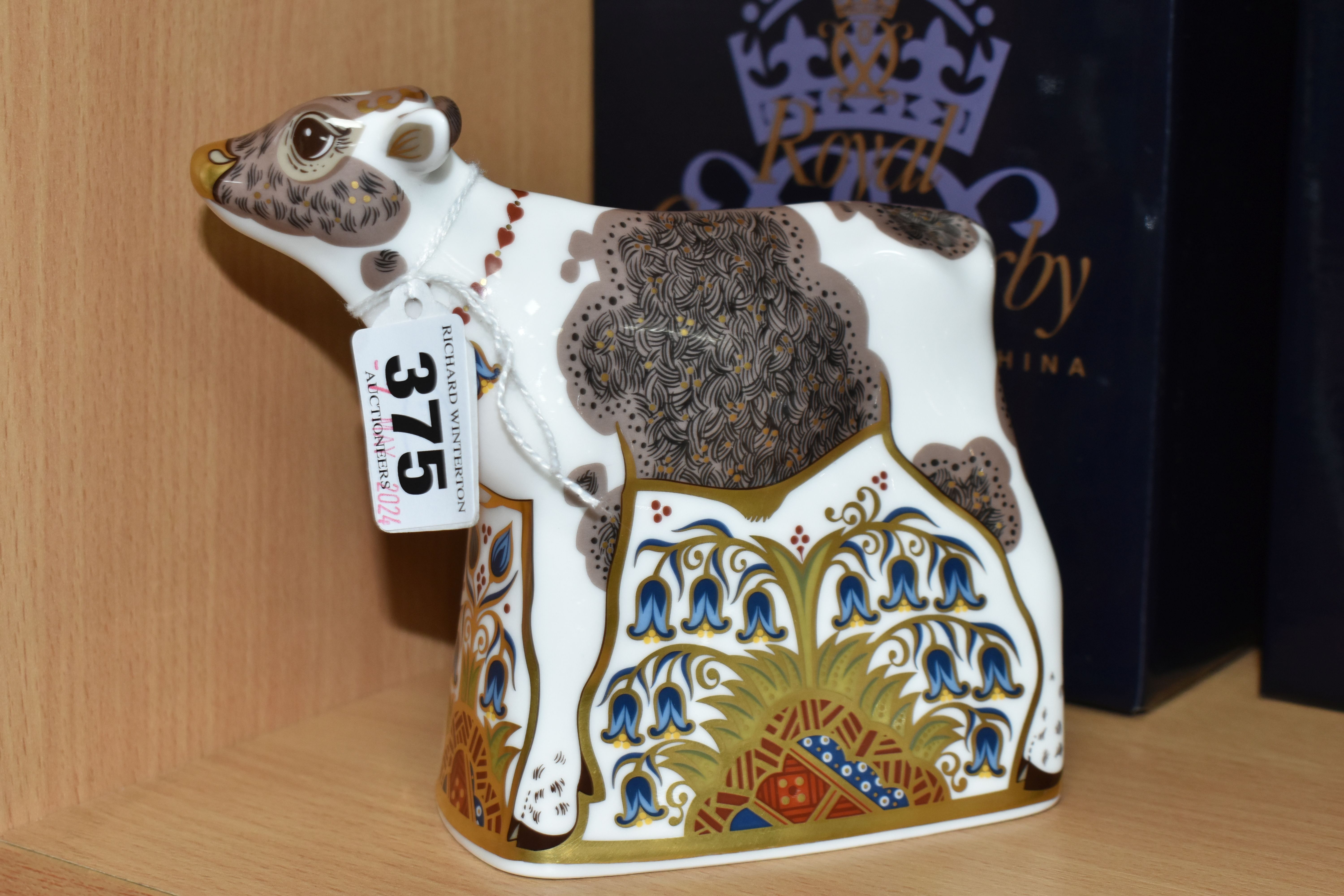 A BOXED ROYAL CROWN DERBY 'BLUEBELL CALF' PAPERWEIGHT, with gold stopper, red printed backstamp - Image 2 of 4