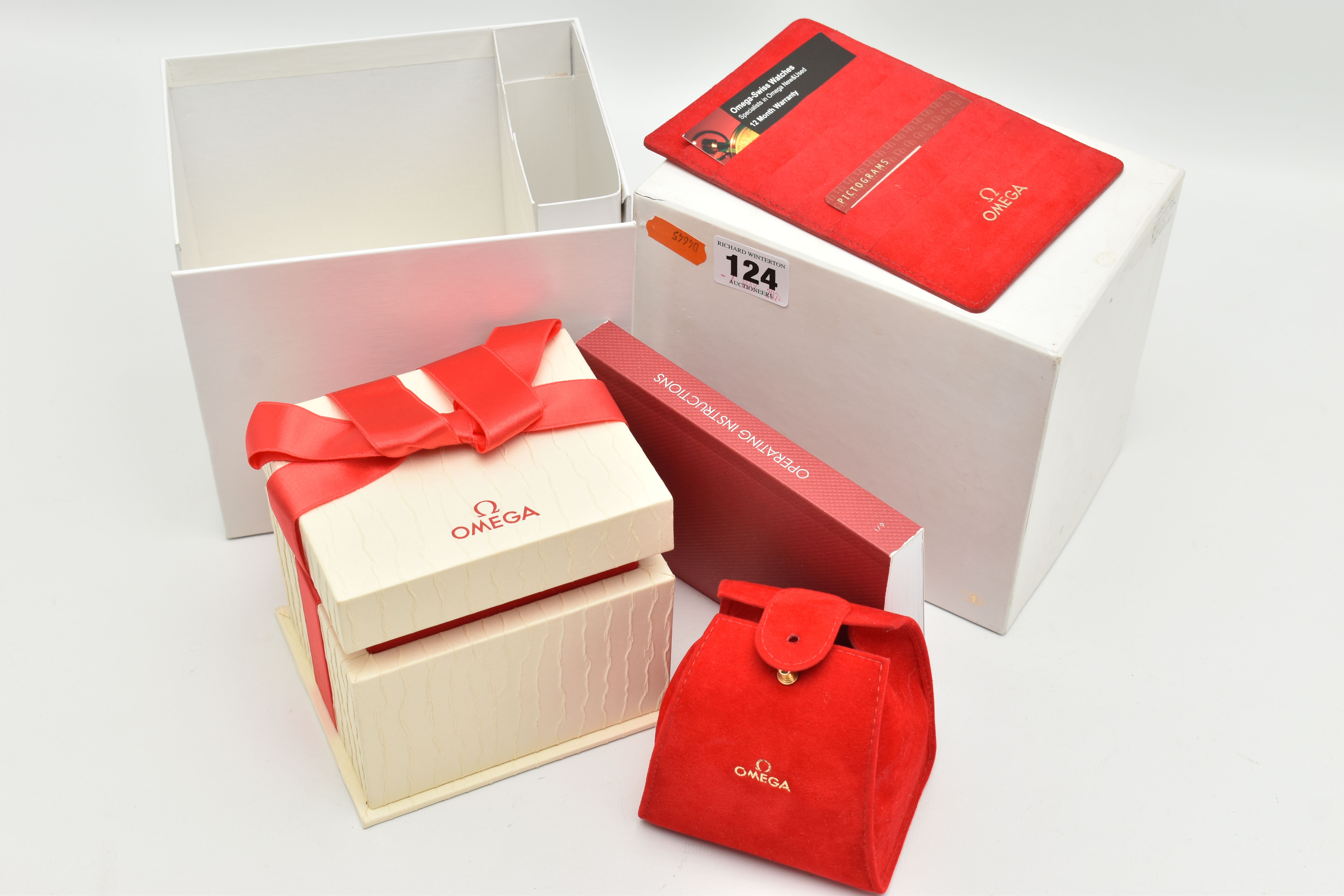 AN 'OMEGA' WATCH BOX, textured box with red ribbon detail, travel pouch interior, also including a - Image 3 of 4