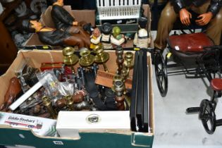 TWO BOXES AND LOOSE METALWARE, ACCORDIAN AND SUNDRY ITEMS, to include a small Bellini accordian,