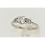 A DIAMOND RING, a principally prong set round brilliant cut diamond, approximate total carat