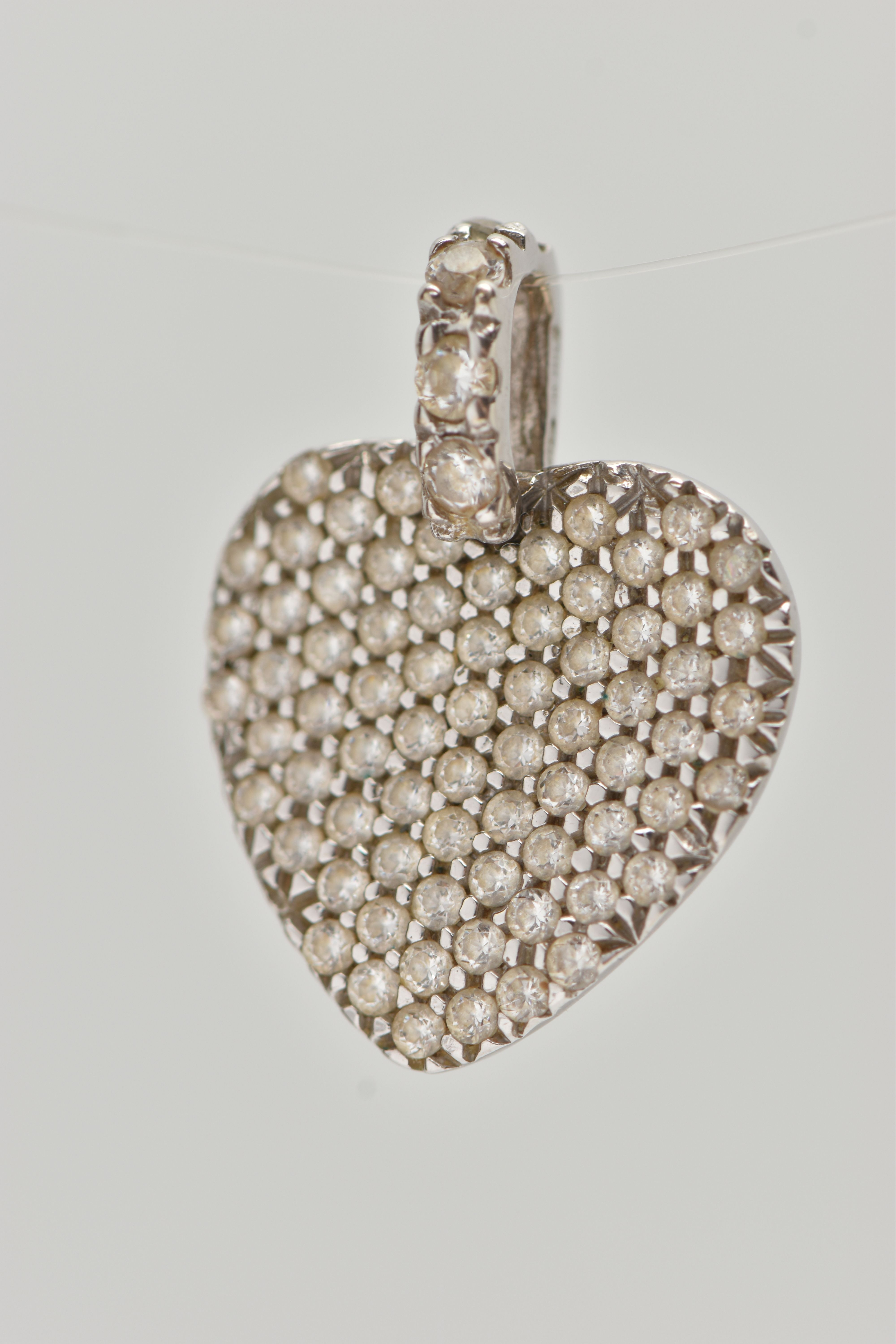 A WHITE METAL DIAMOND SET HEART PENDANT, flat heart pendant pave set with small round brilliant - Image 2 of 4