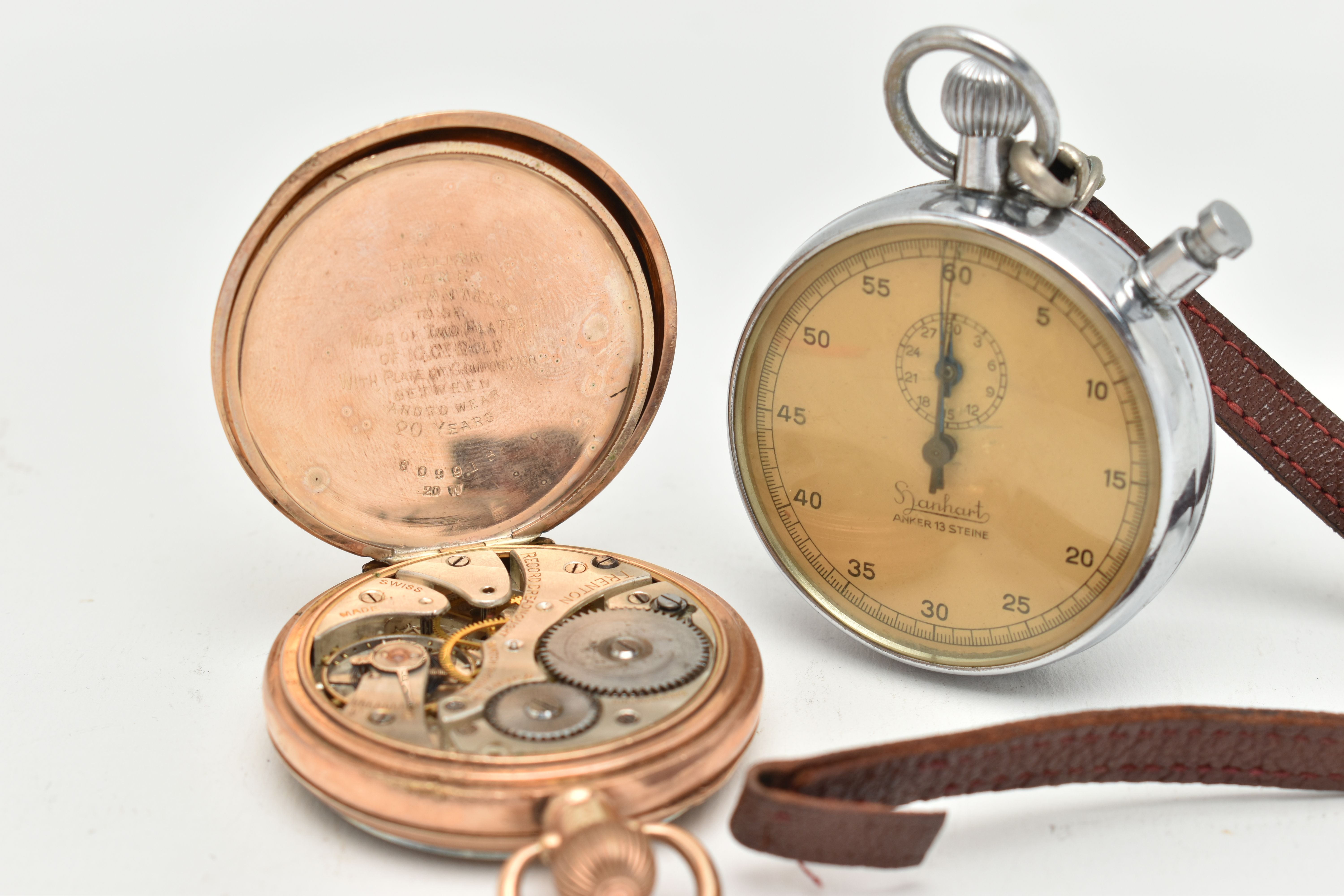 A ROLLED GOLD OPEN FACE POCKET WATCH AND A STOP WATCH, manual wind pocket watch, round white dial - Image 4 of 4