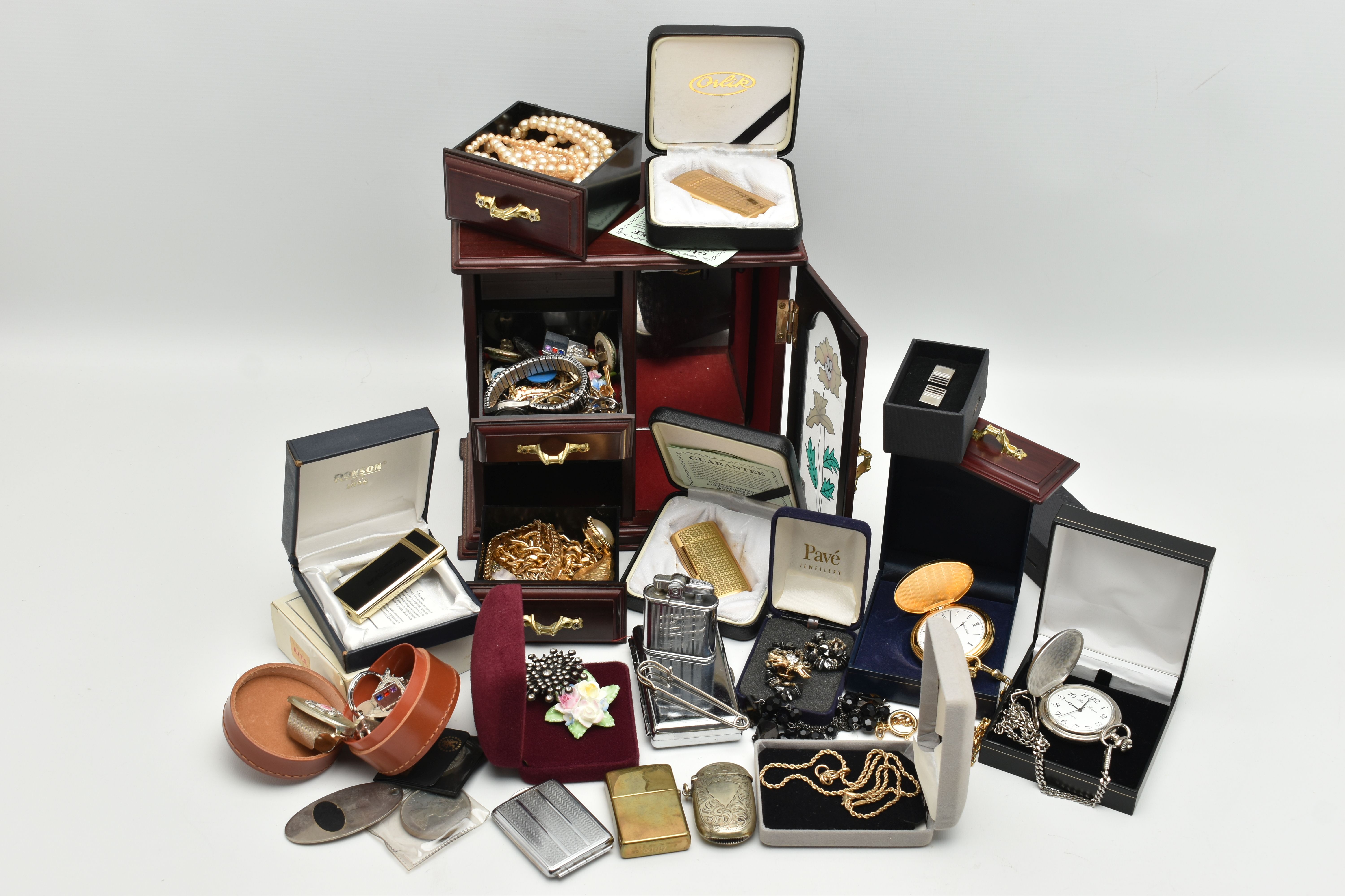 A JEWELLERY BOX AND ITEMS, to include a multi storage jewellery box (one draw is broken), with