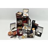 A JEWELLERY BOX AND ITEMS, to include a multi storage jewellery box (one draw is broken), with