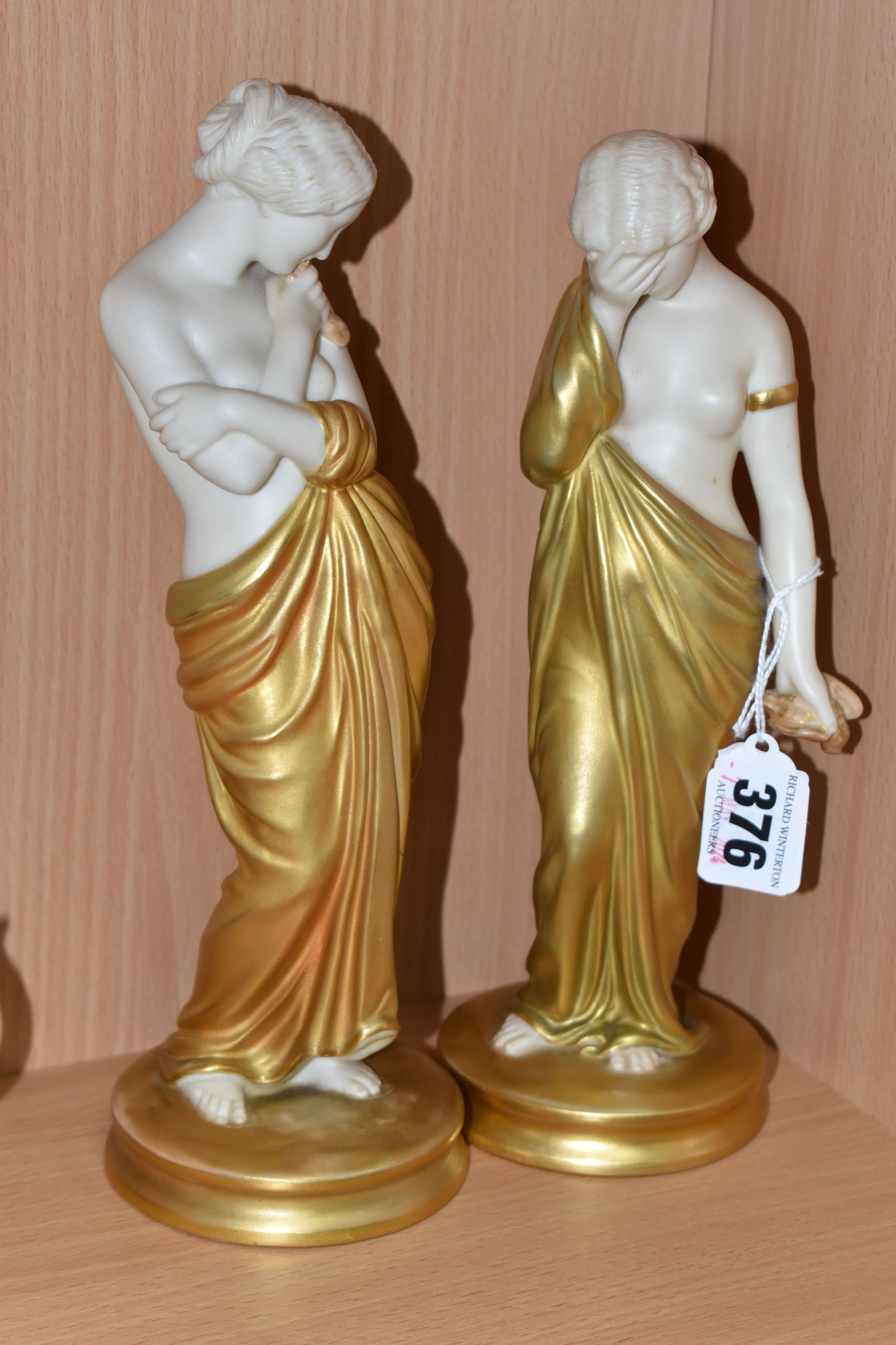 A PAIR OF ROYAL WORCESTER 'SORROW' AND 'JOY' FIGURES, with gilt robes, bearing puce backstamps, no - Image 2 of 3
