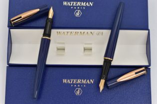 TWO BOXED 'WATERMAN' FOUNTAIN PENS, blue lacquer pens, signed to each collar 'Waterman', both fitted