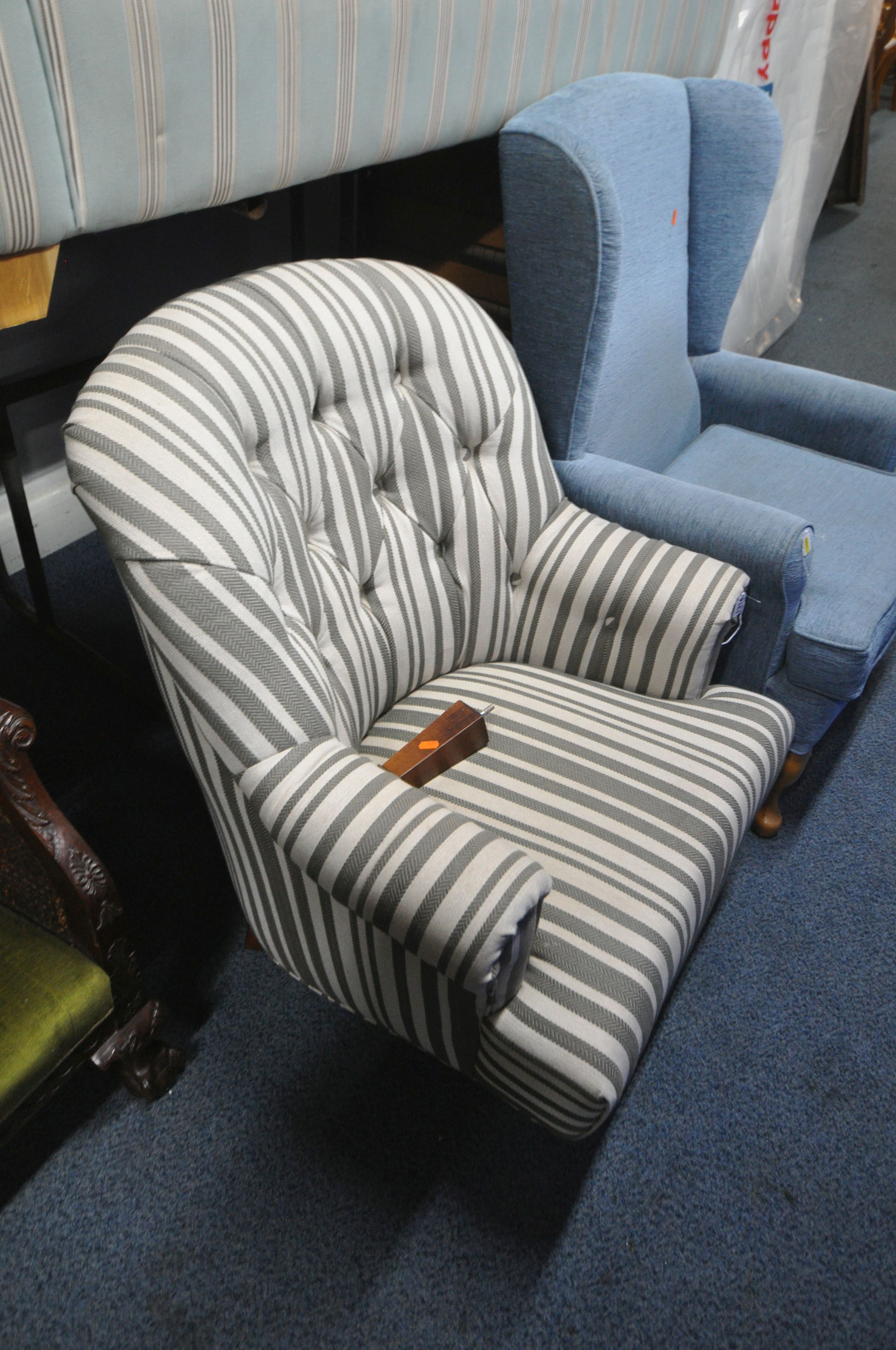 AN ART FORMA STRIPPED BUTTON BACK CHAIR, along with a blue wing back armchair (condition report: one - Image 2 of 3