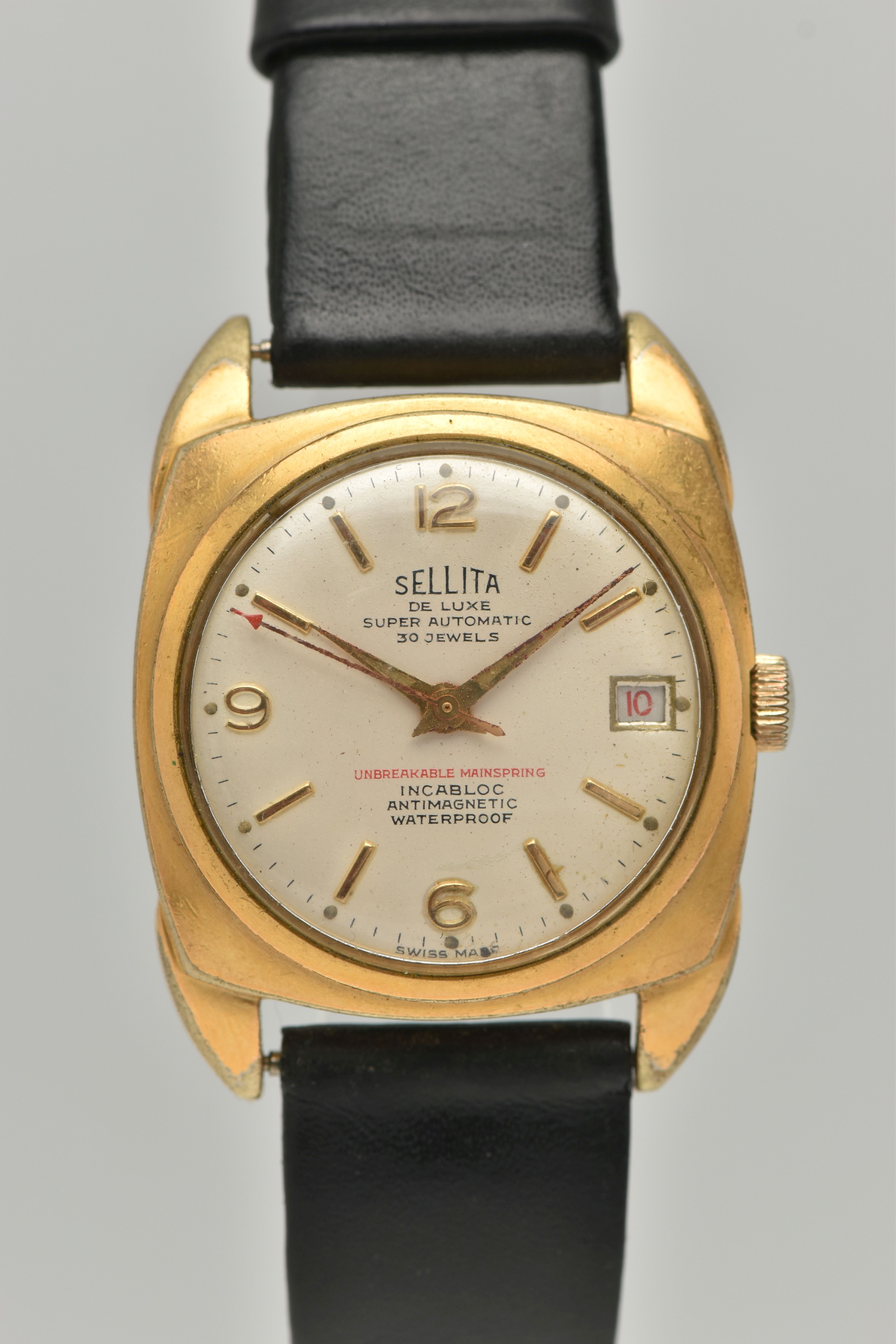A GENTS 'SELLITA DE LUXE' WRISTWATCH, automatic movement, round silvered dial signed 'Sellita De