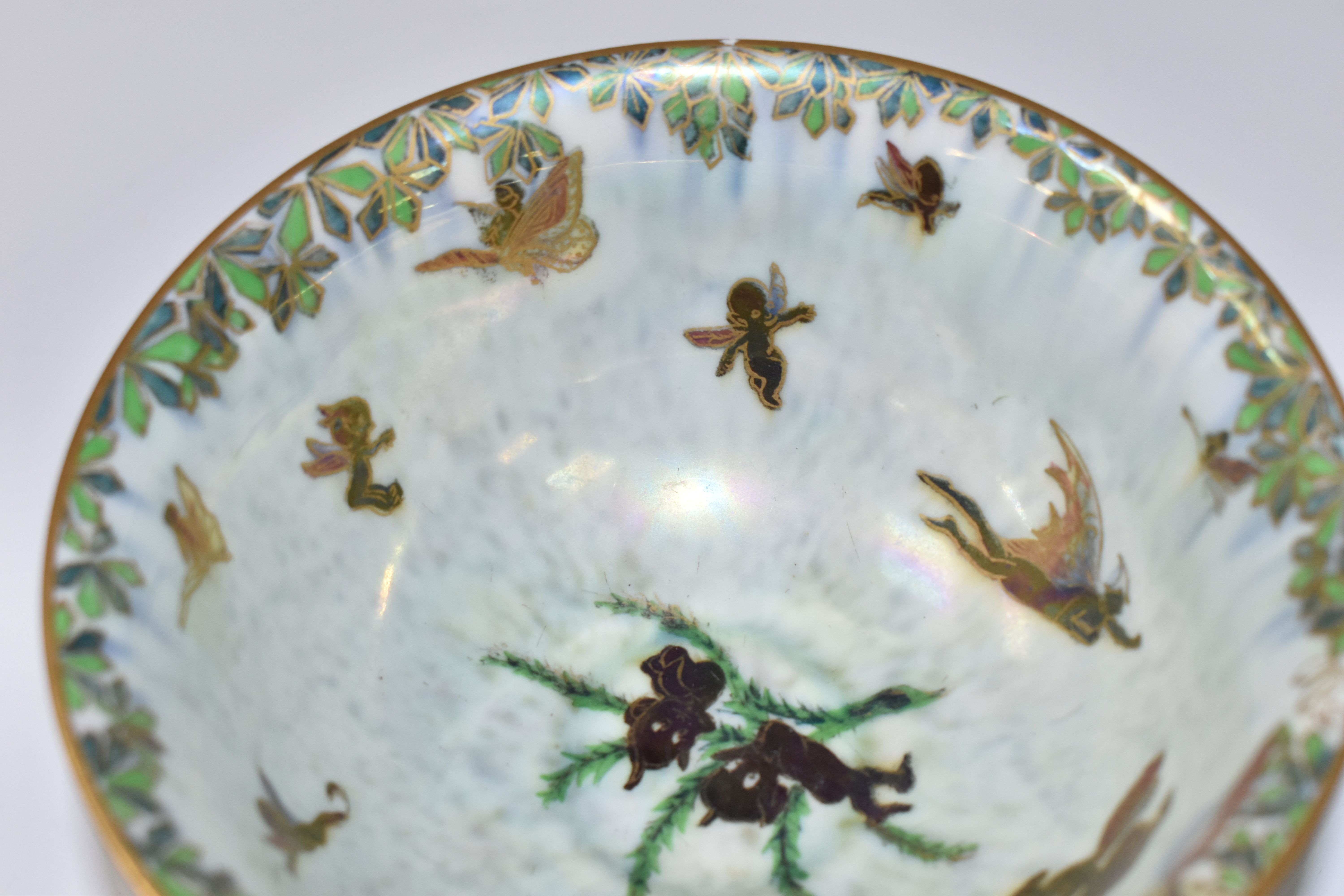 A WEDGWOOD FAIRYLAND LUSTRE FOOTED BOWL, decorated with a mother of pearl lustre with fairies in - Image 6 of 9