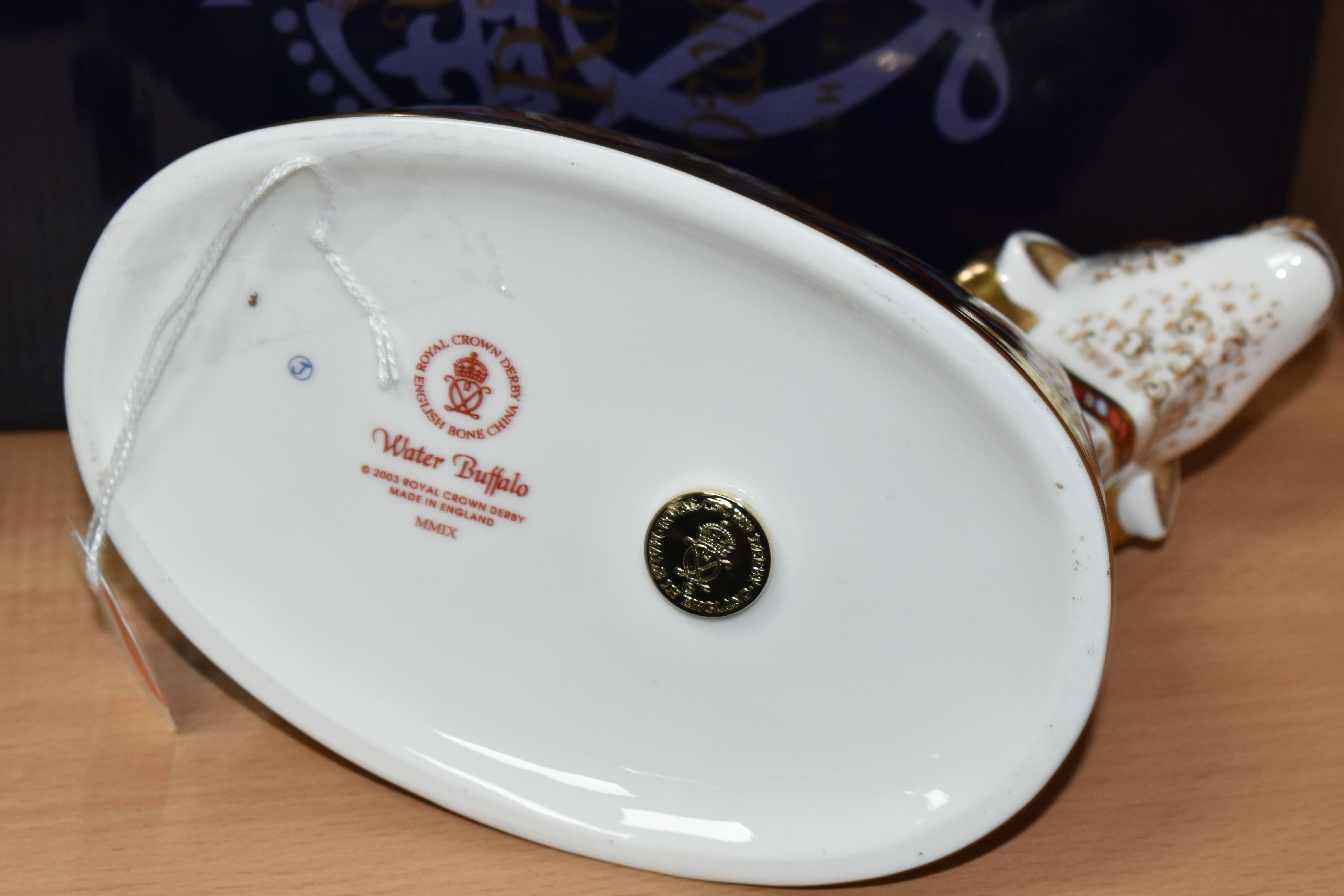 A BOXED ROYAL CROWN DERBY 'WATER BUFFALO' PAPERWEIGHT, with gold stopper, red printed backstamp - Image 4 of 4