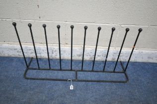 A WROUGHT IRON WELLY / WELLINGTON STAND, with ten pegs, width 90cm x depth 27cm x height 43cm (