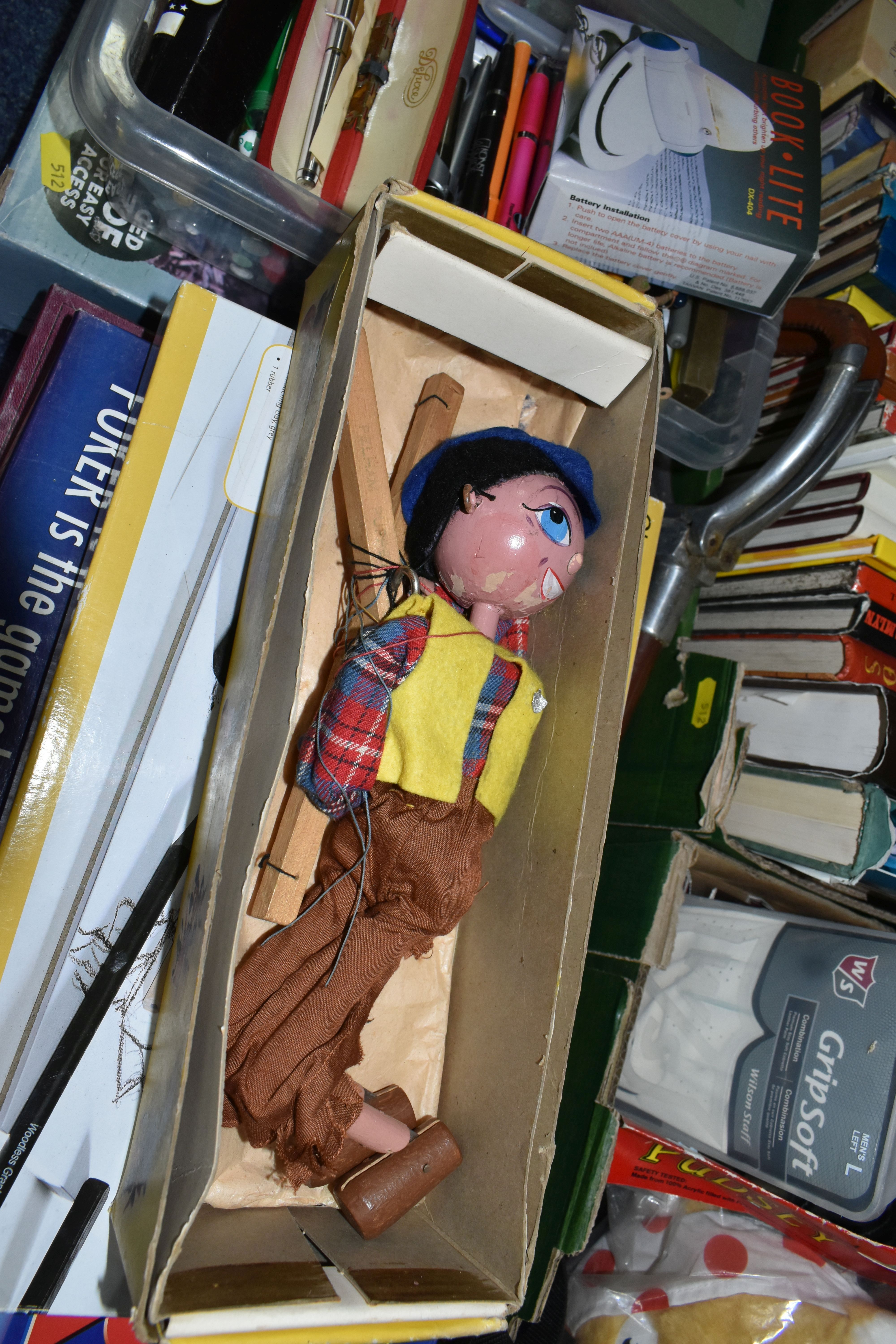 TWO BOXES AND LOOSE, INCLUDING BOOKS, GAMES, PELHAM PUPPET, SHOOTING STICK, a variety of board - Image 3 of 7