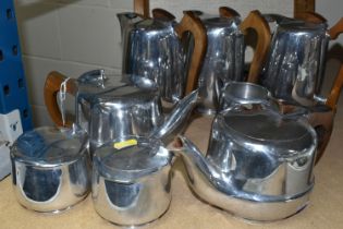 A PIQUOT MID CENTURY TEA AND COFFEE SET, including two teapots, three coffee pots, tray, milk jug,