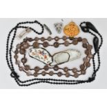 A BAG OF ASSORTED ITEMS, to include a silver Celtic pattern brooch, hallmarked Edinburgh, fitted
