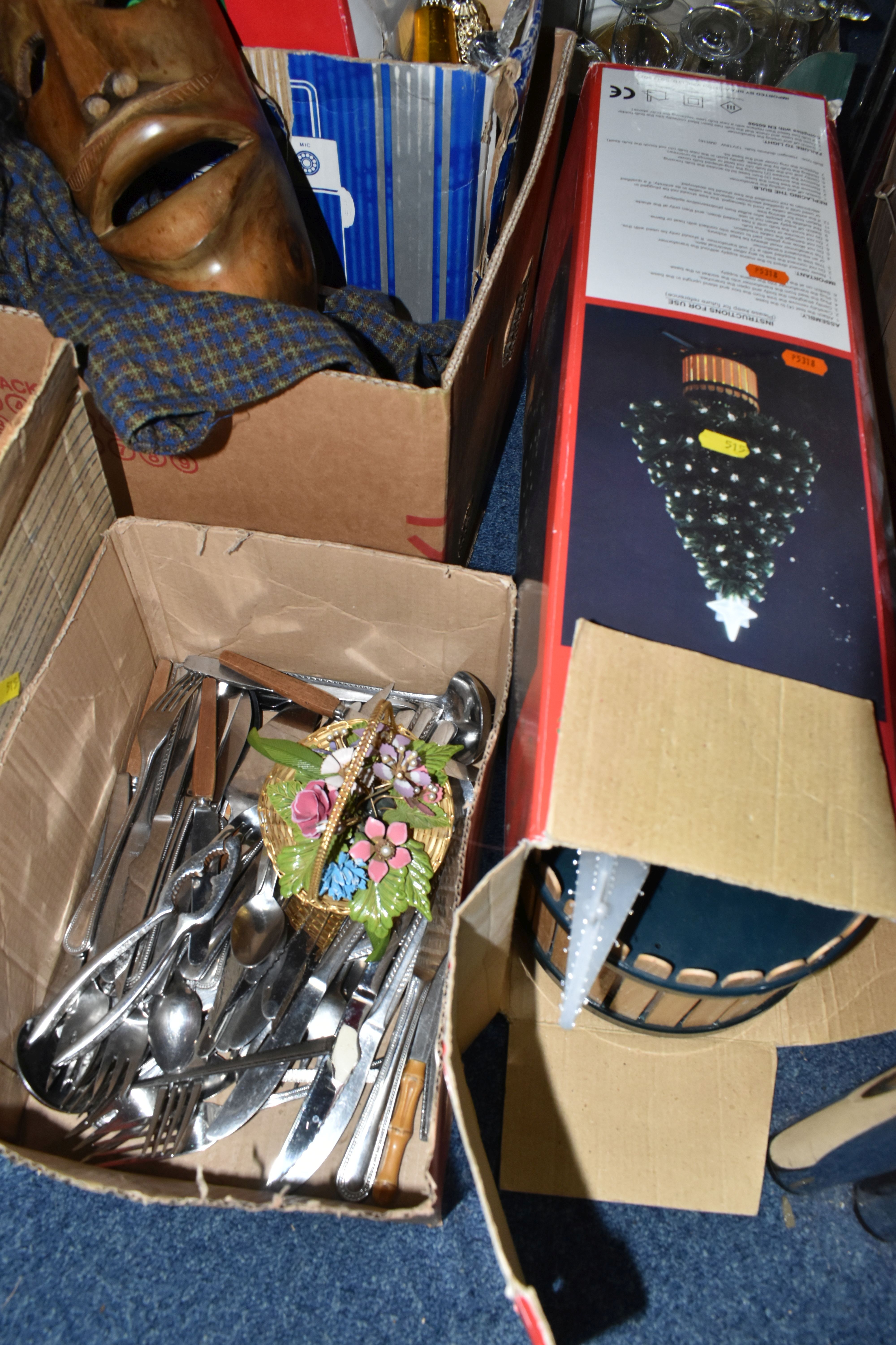 FIVE BOXES OF HOUSEHOLD EQUIPMENT, KNITTING NEEDLES, CHRISTMAS DECORATIONS, PELHAM HAND PUPPET, ETC, - Image 4 of 7