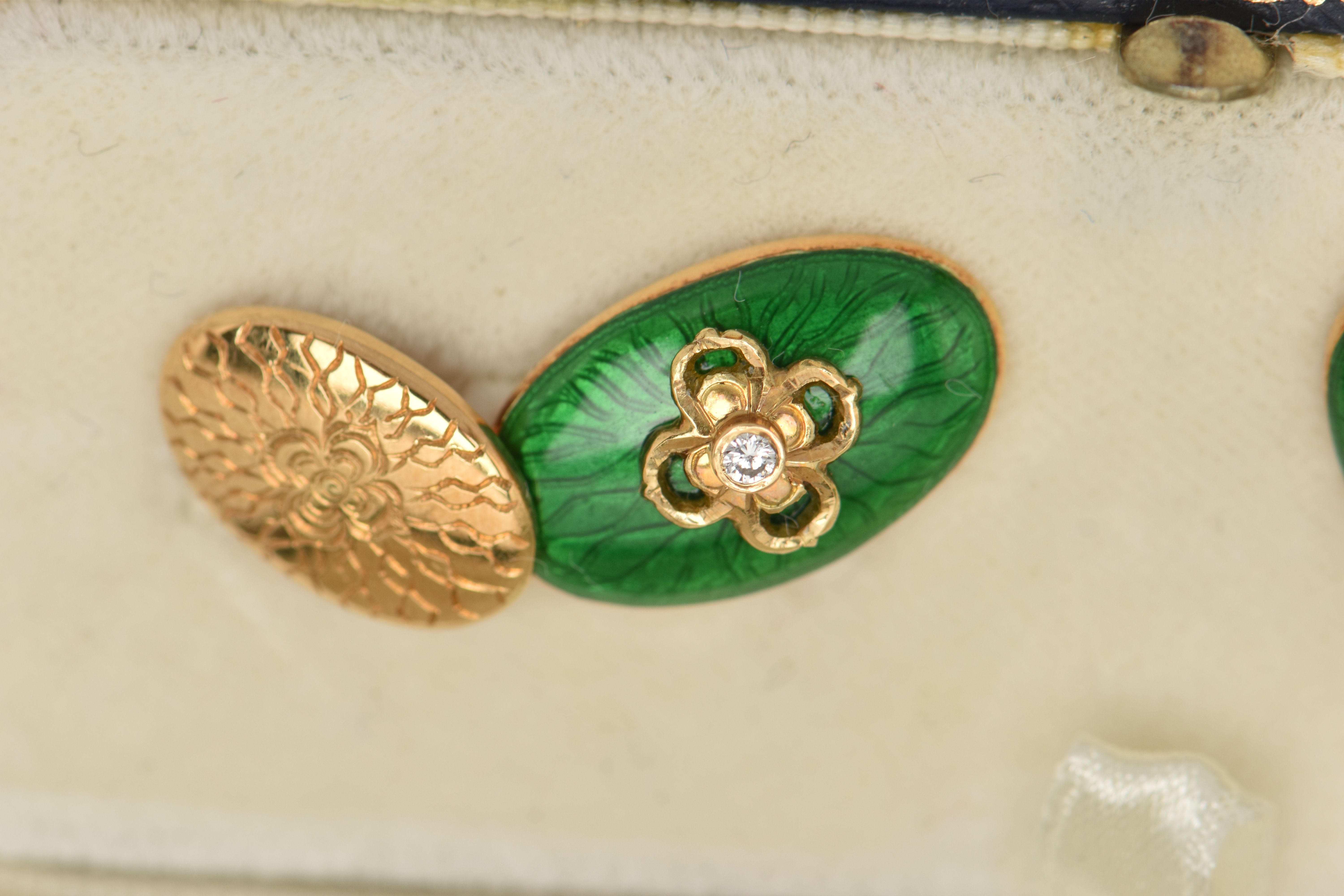 A PAIR OF 18CT GOLD ENAMEL AND DIAMOND CUFFLINKS, each designed as an oval green enamel panel with - Image 3 of 4