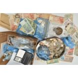 A HEAVY CARDBOARD BOX CONTAINING WORLD COINAGE, to include a rare First National City Bank NEW