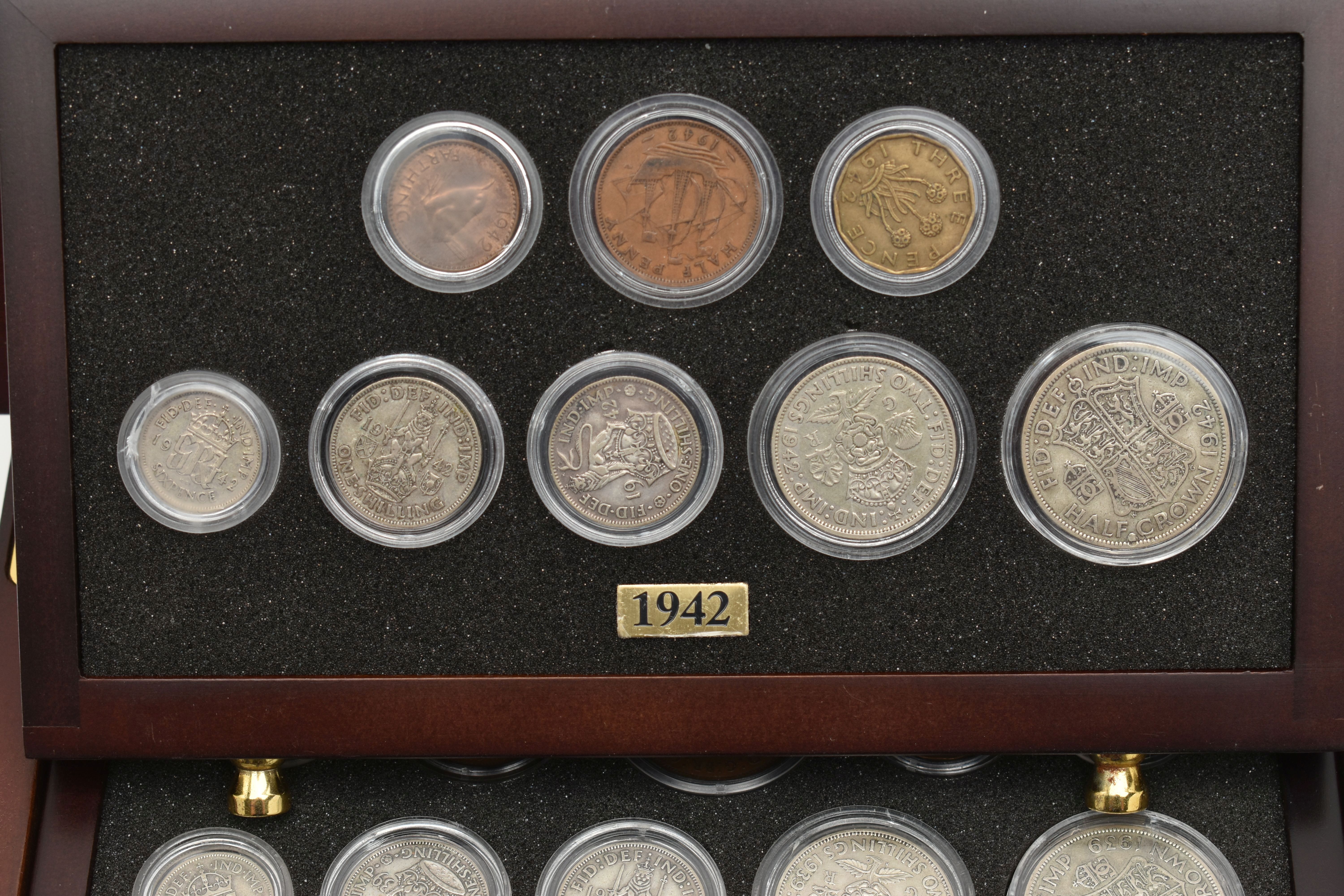 A SMALL WOODEN COIN CABINET, consisting of eight drawers seven containing UK coinage from 1939-1945, - Image 5 of 10