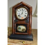 AN AMERICAN BRACKET CLOCK, veneered and painted case, printed with a vignette of a lakeside scene on