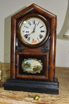 AN AMERICAN BRACKET CLOCK, veneered and painted case, printed with a vignette of a lakeside scene on