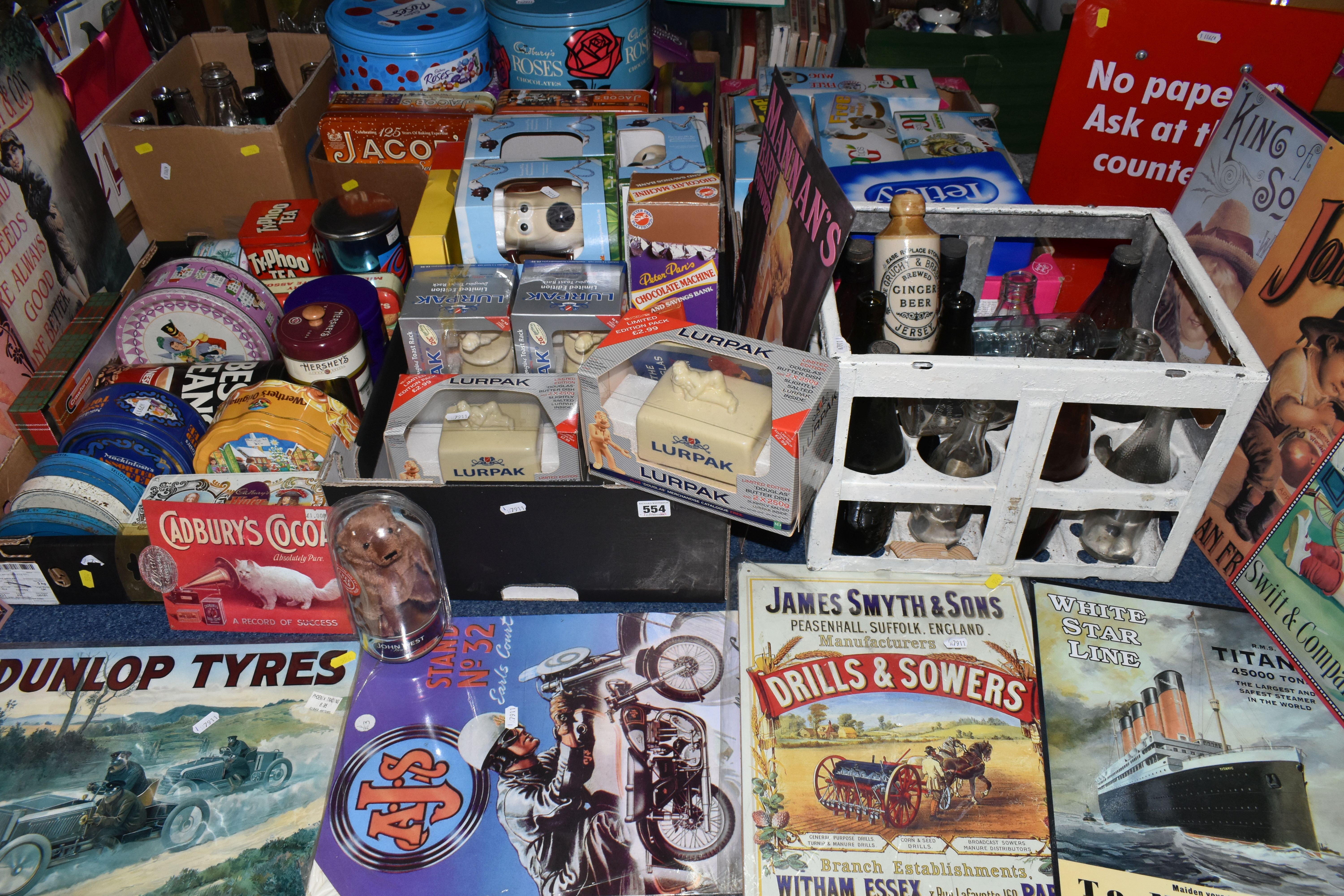 FIVE BOXES, A CRATE AND LOOSE ADVERTISING, PACKAGING AND RELATED ITEMS, to include advertising