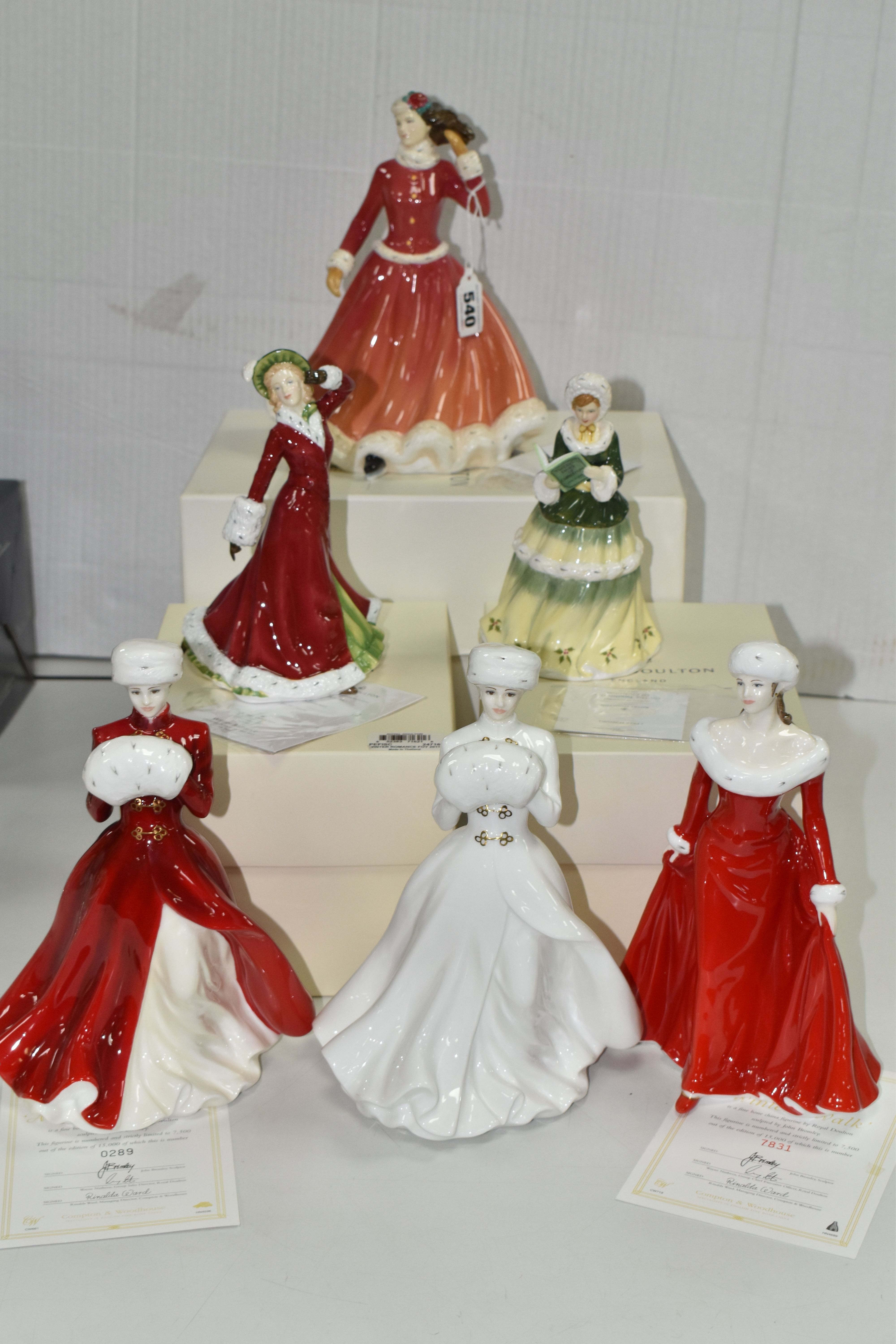 SIX ROYAL DOULTON CHRISTMAS THEMED FIGURINES, comprising Winters Walk HN4689 with certificate, A