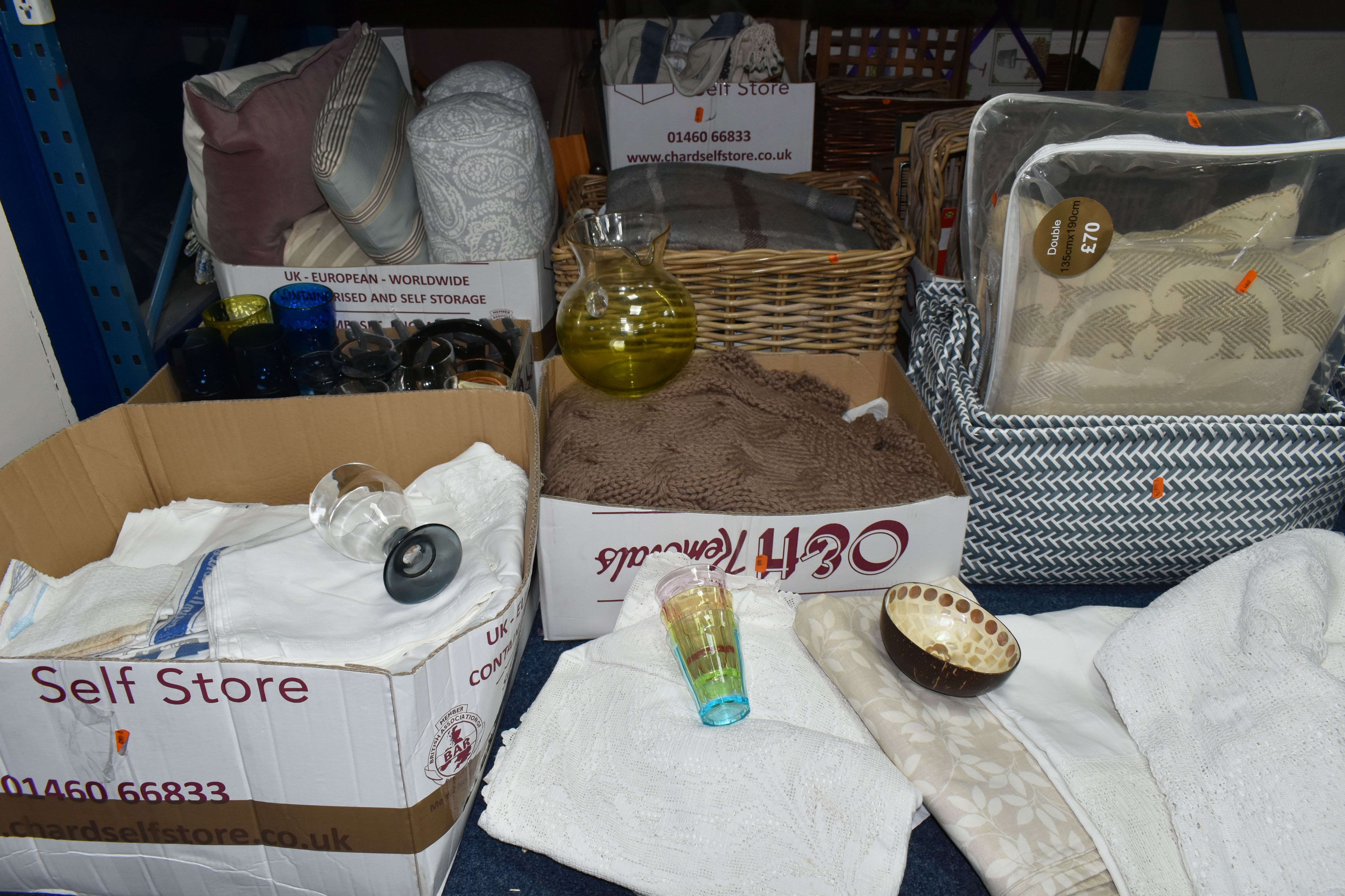 SEVEN BOXES OF HOUSEHOLD FURNISHINGS AND ACCESSORIES ETC, to include cushions, bolster cushions,