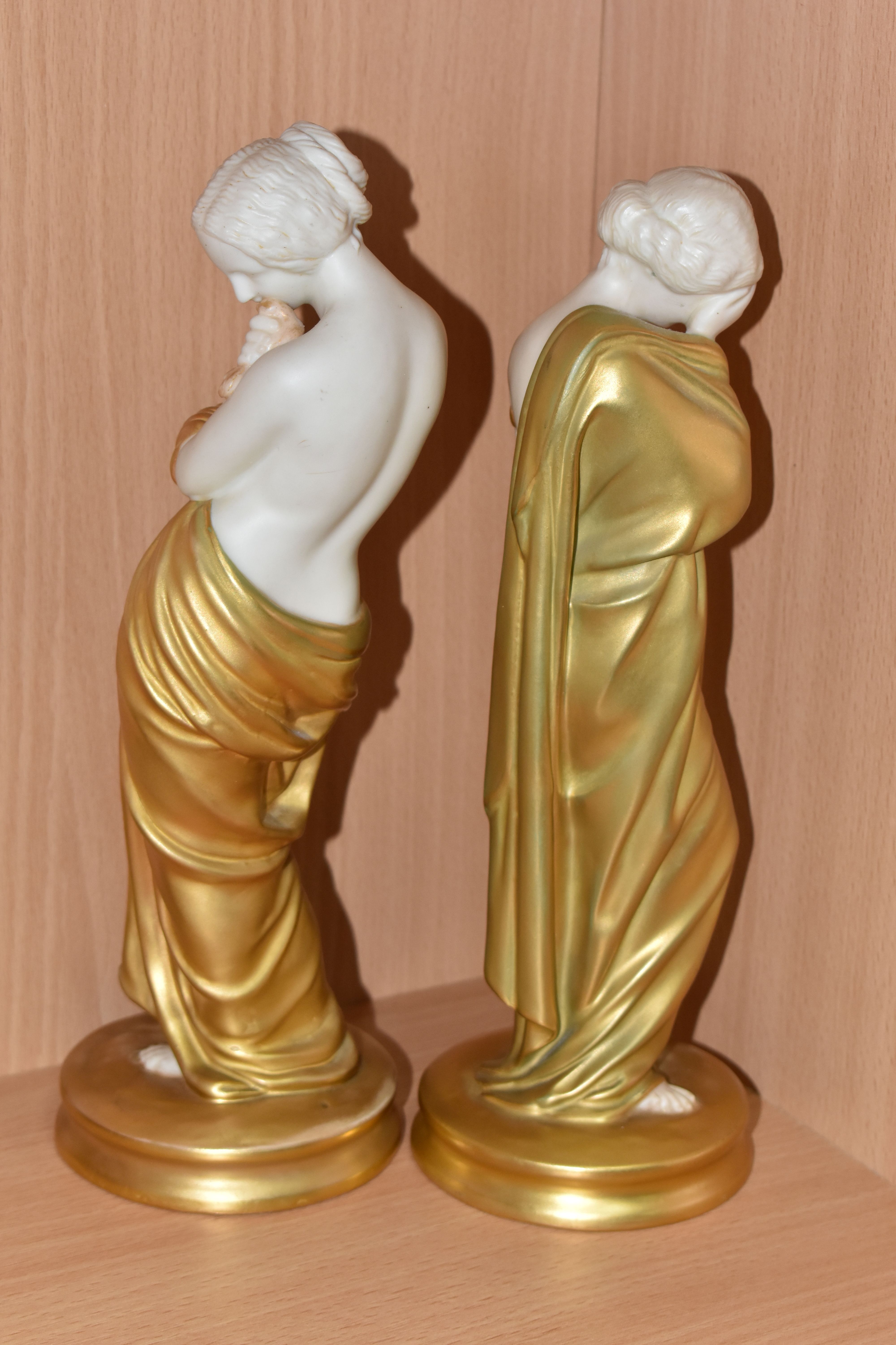 A PAIR OF ROYAL WORCESTER 'SORROW' AND 'JOY' FIGURES, with gilt robes, bearing puce backstamps, no - Image 3 of 3